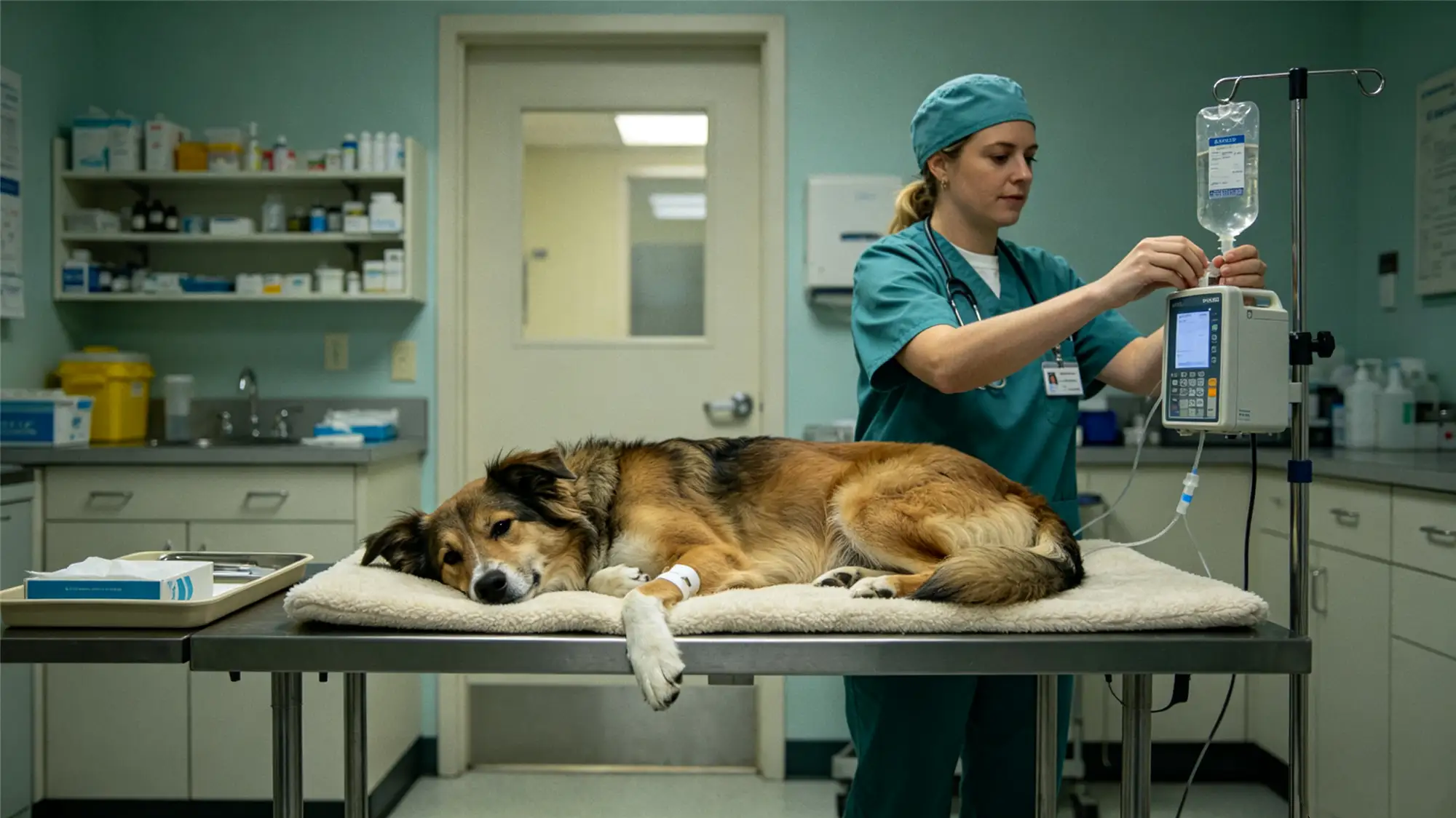 Veterinary technician adjusting IV fluid drip for recovering dog on examination table