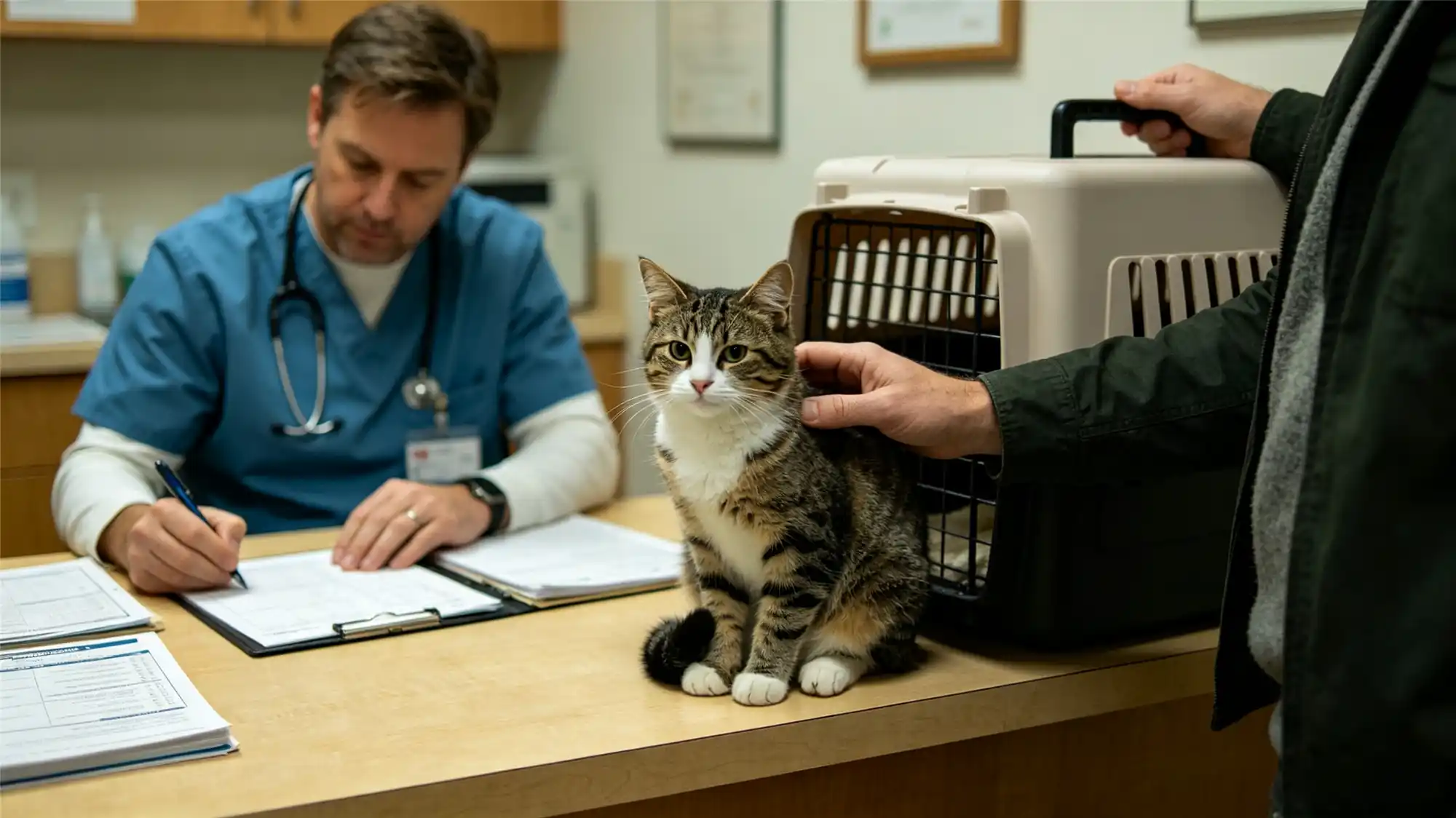 Veterinary surgeons performing emergency surgery on cat in operating room