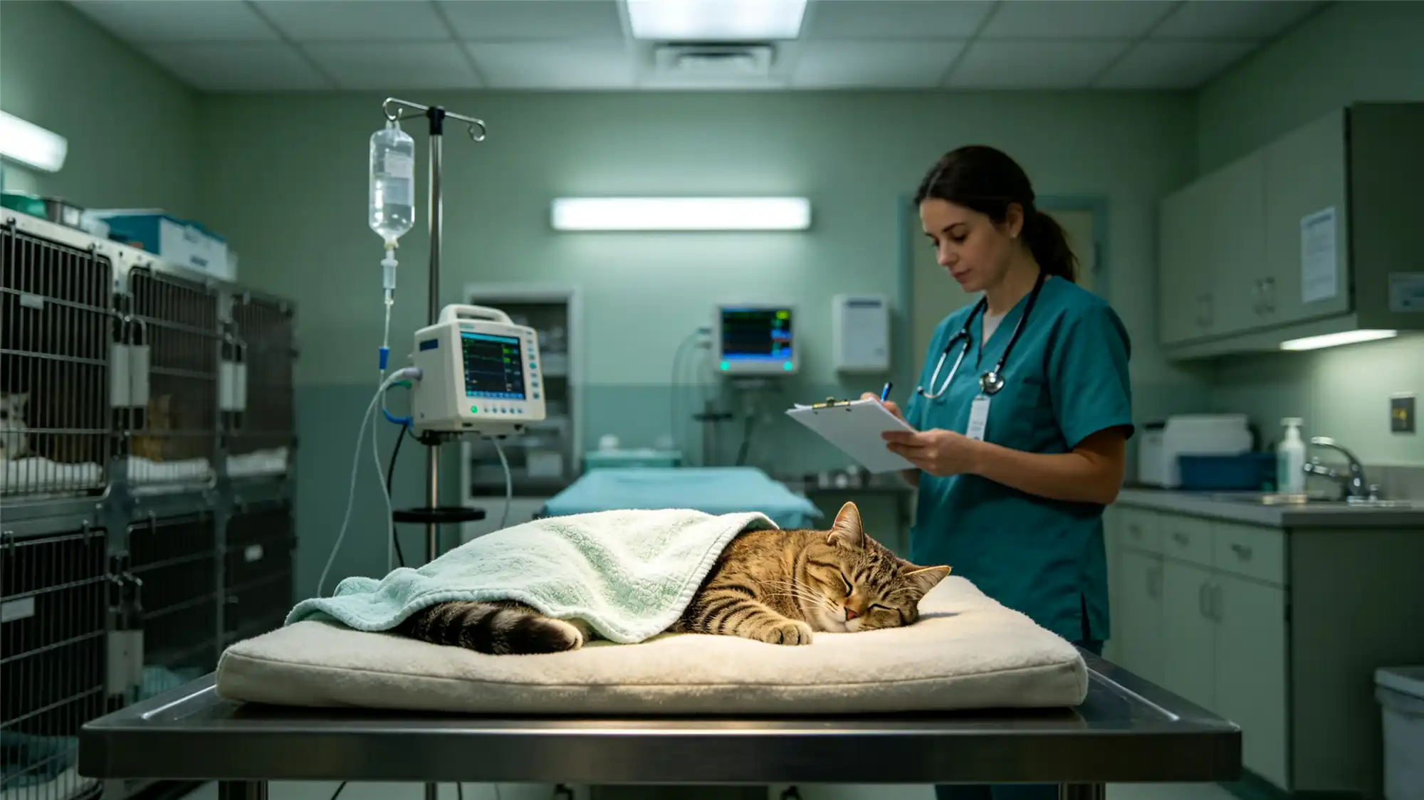 Veterinary nurse monitoring recovering cat in hospital ward