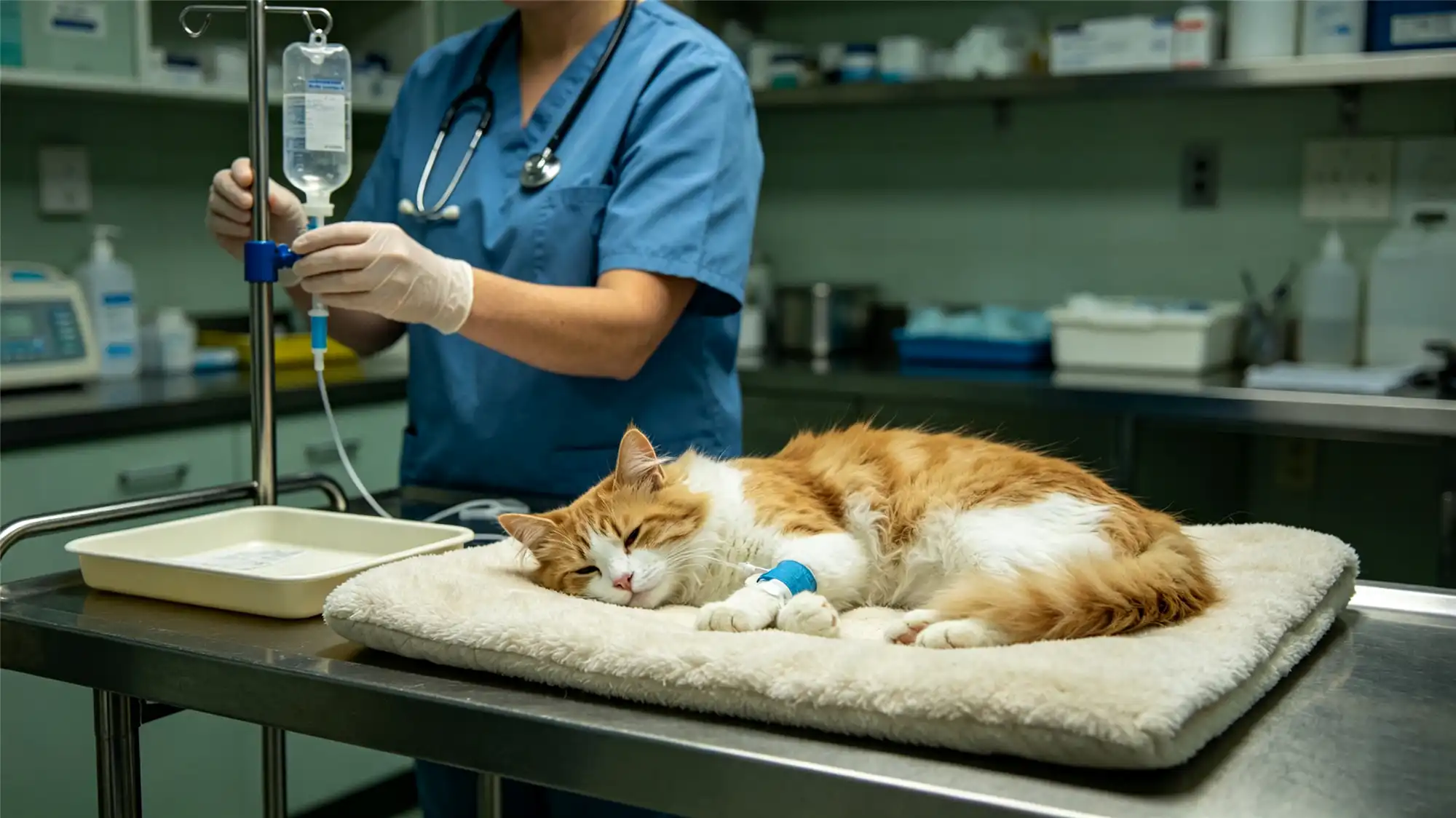 Cat receiving intravenous fluid therapy from veterinarian