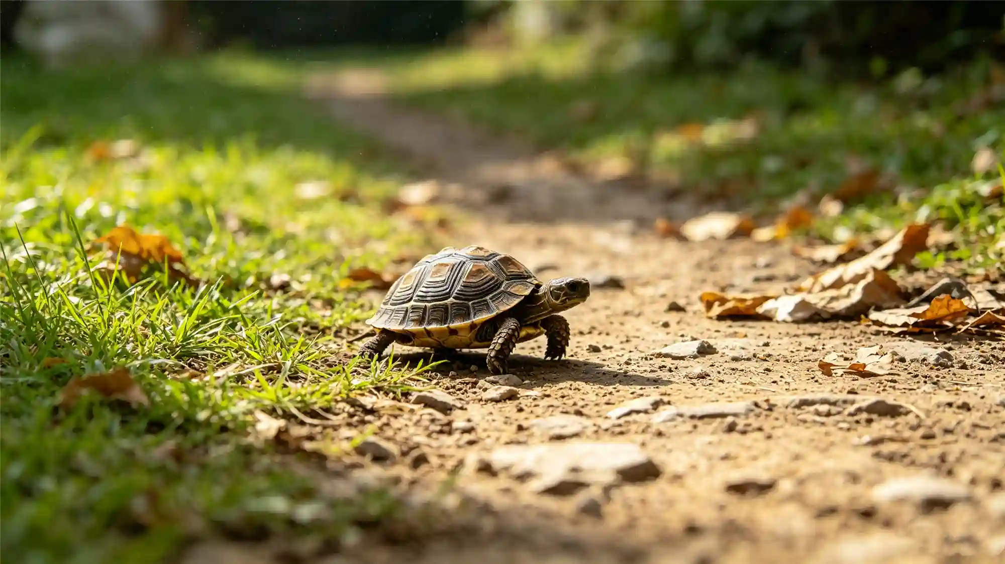 Wild box turtle crossing a dirt path in natural habitat
