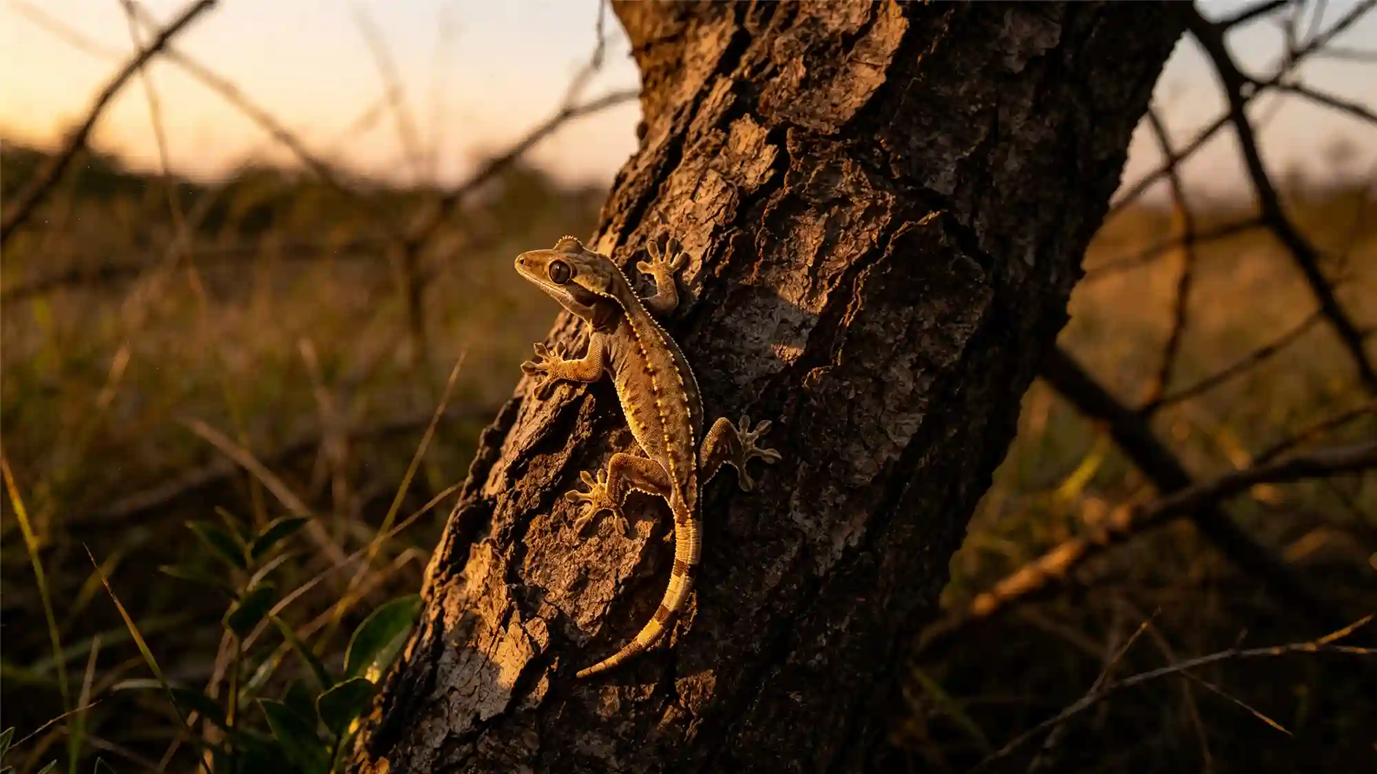 Wild gecko camouflaged on tree bark during sunset