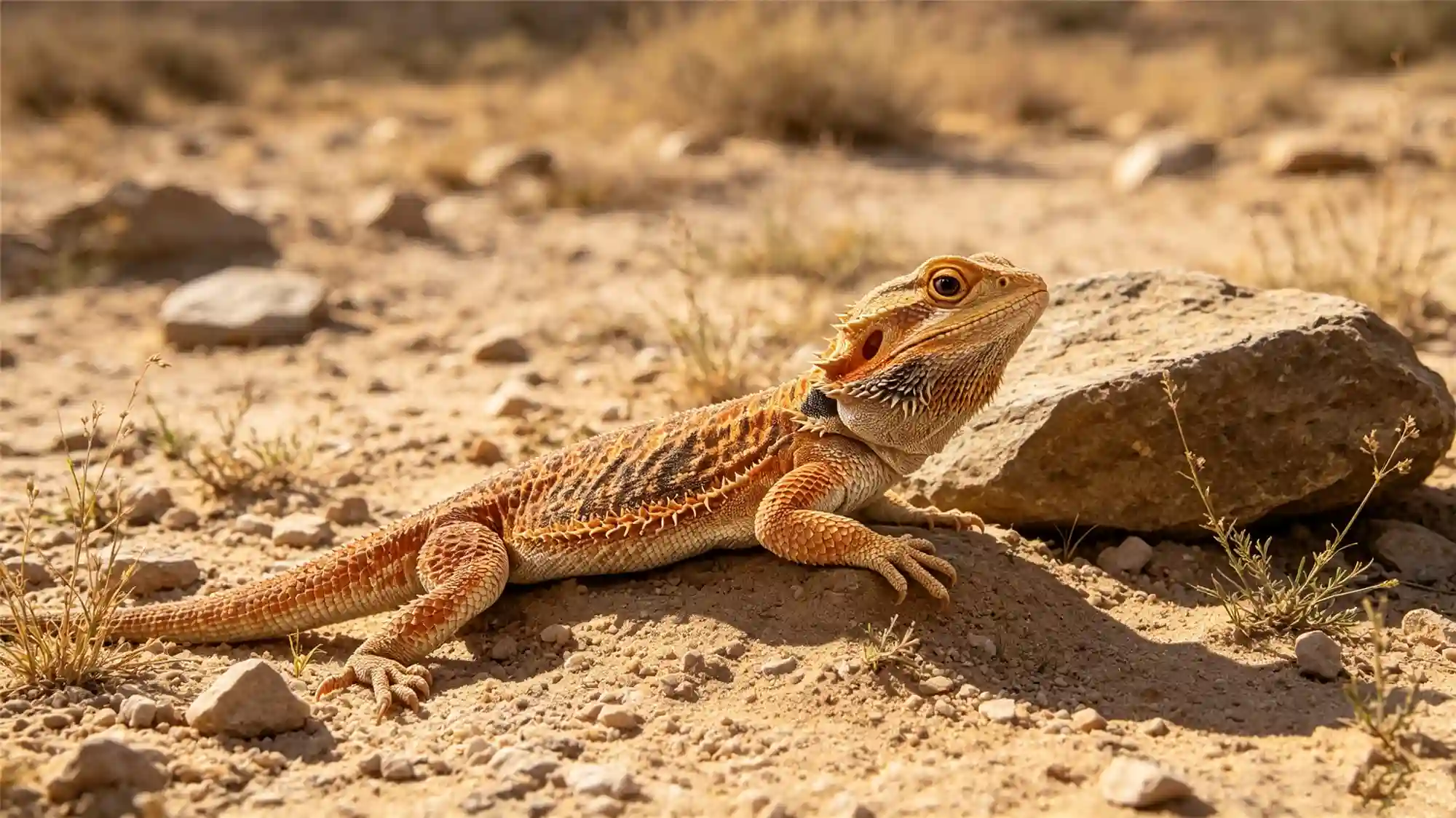 Bearded dragon in arid habitat showing healthy captive-bred coloration