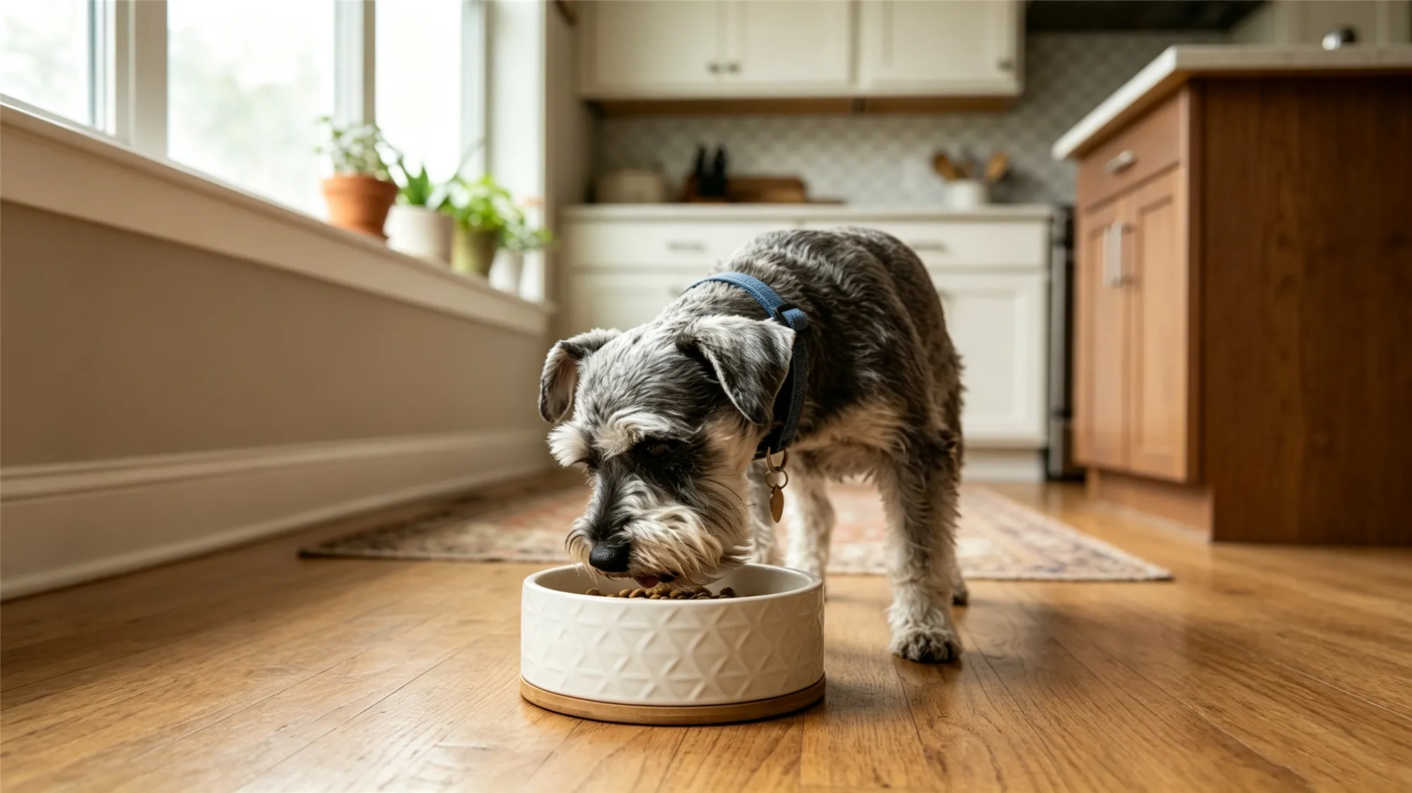 Miniature Schnauzer eating from white textured ceramic bowl in bright kitchen