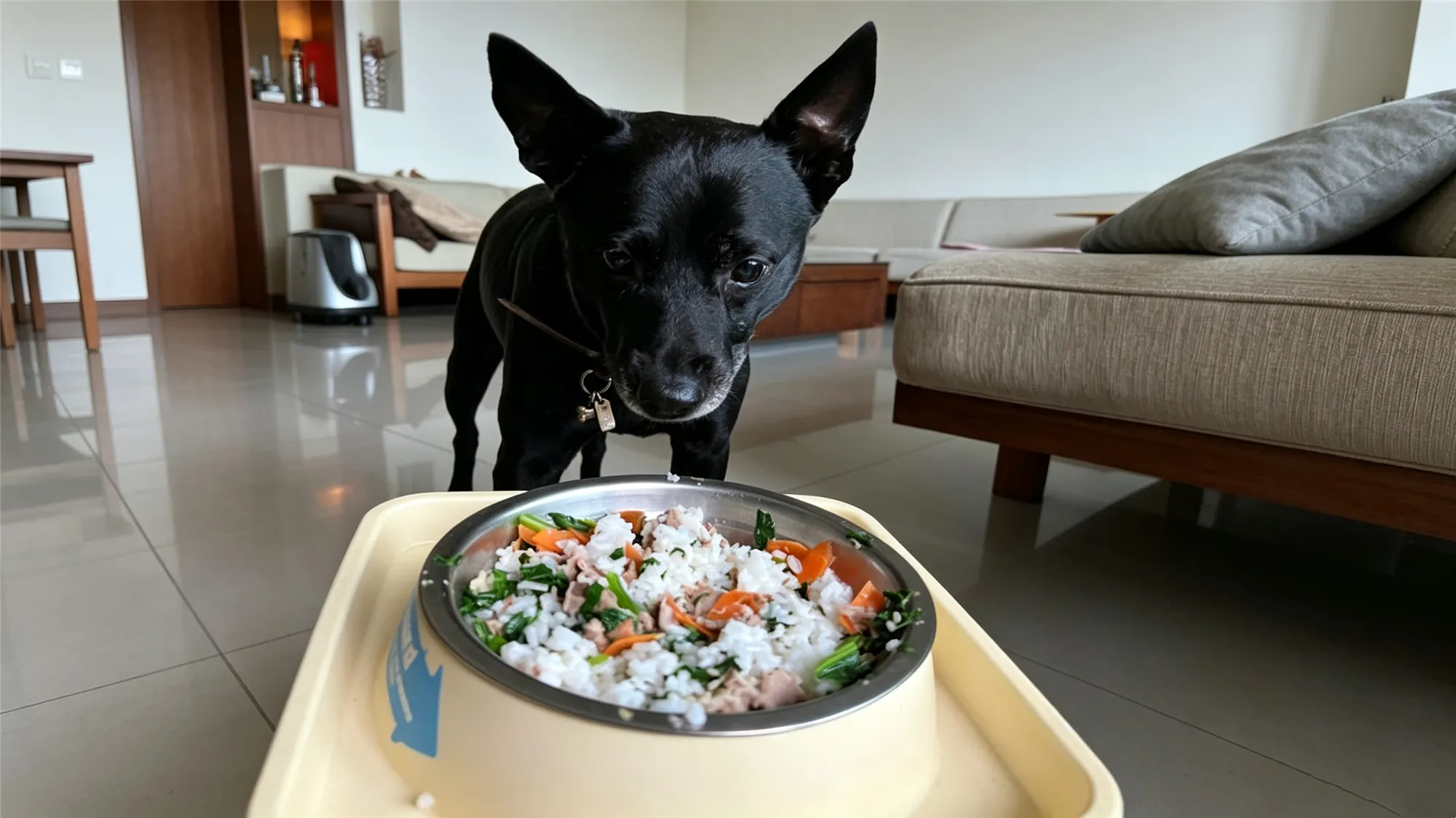 Black dog with homemade rice and vegetable meal in stainless steel bowl
