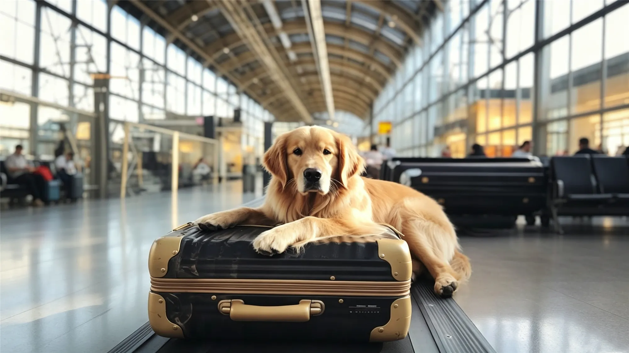 Well-trained golden retriever resting patiently on luggage at modern airport terminal