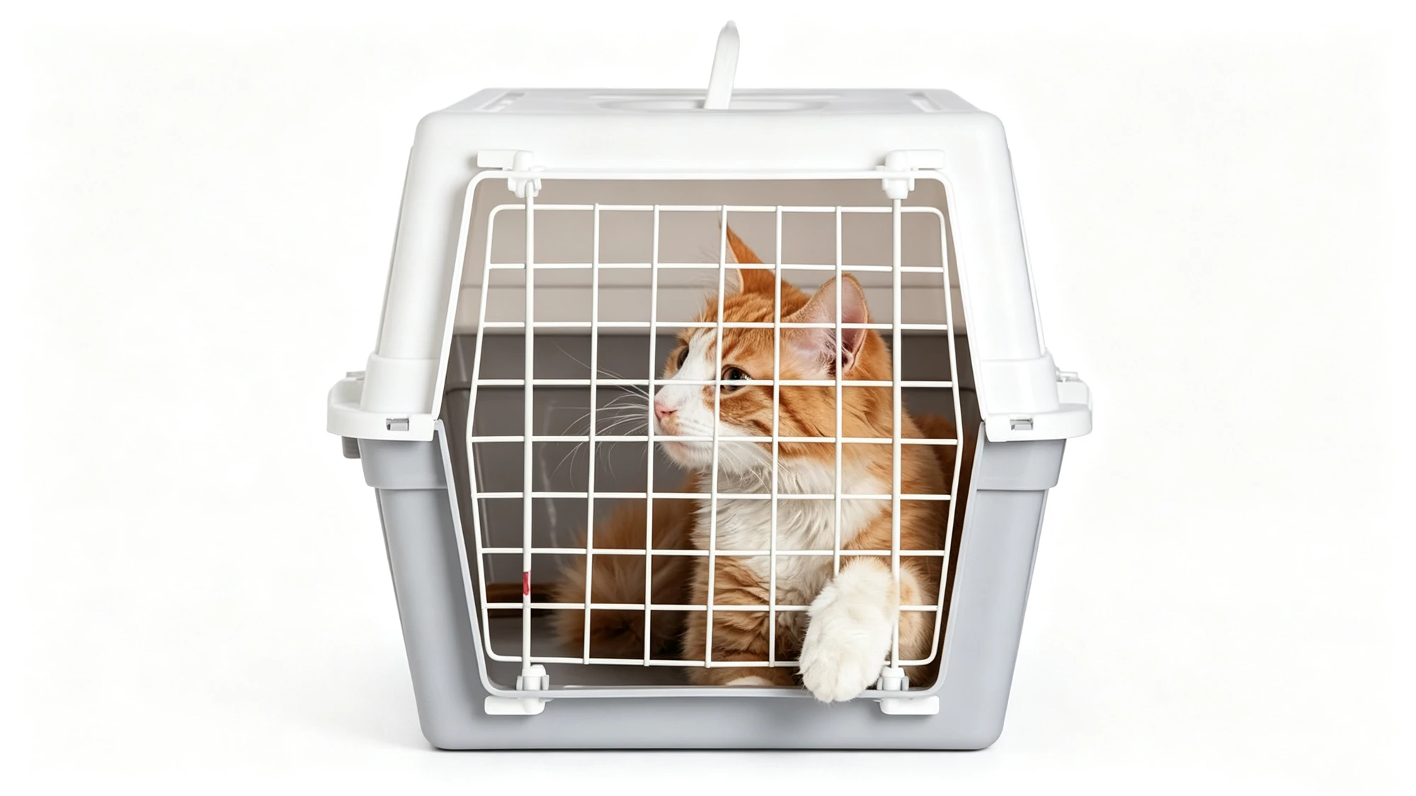 Calm orange tabby cat resting inside compliant hard-shell airline pet carrier with secure wire door