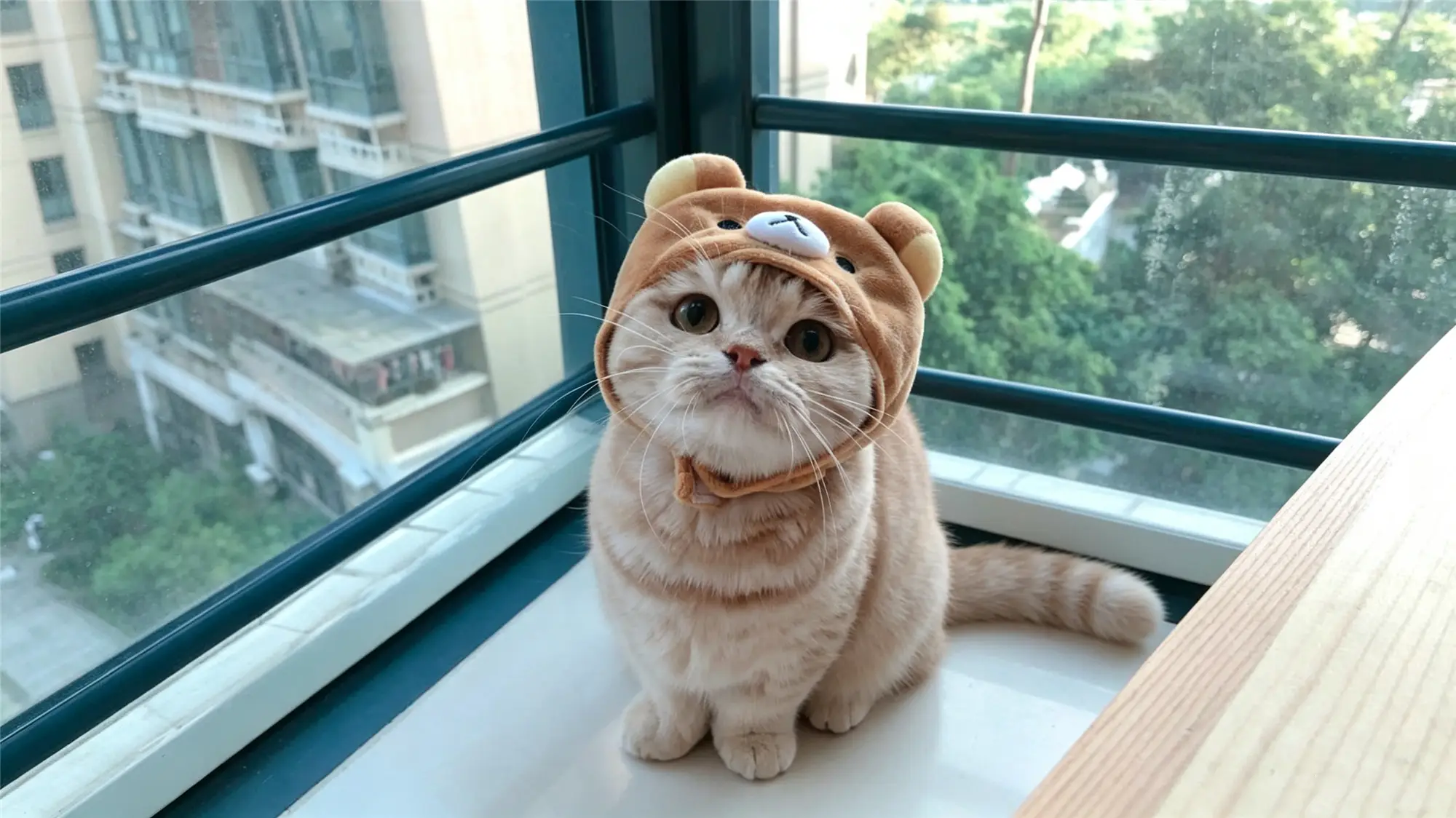 Cute orange cat wearing tiger hat sitting by open window showing escape risk and supervision needs