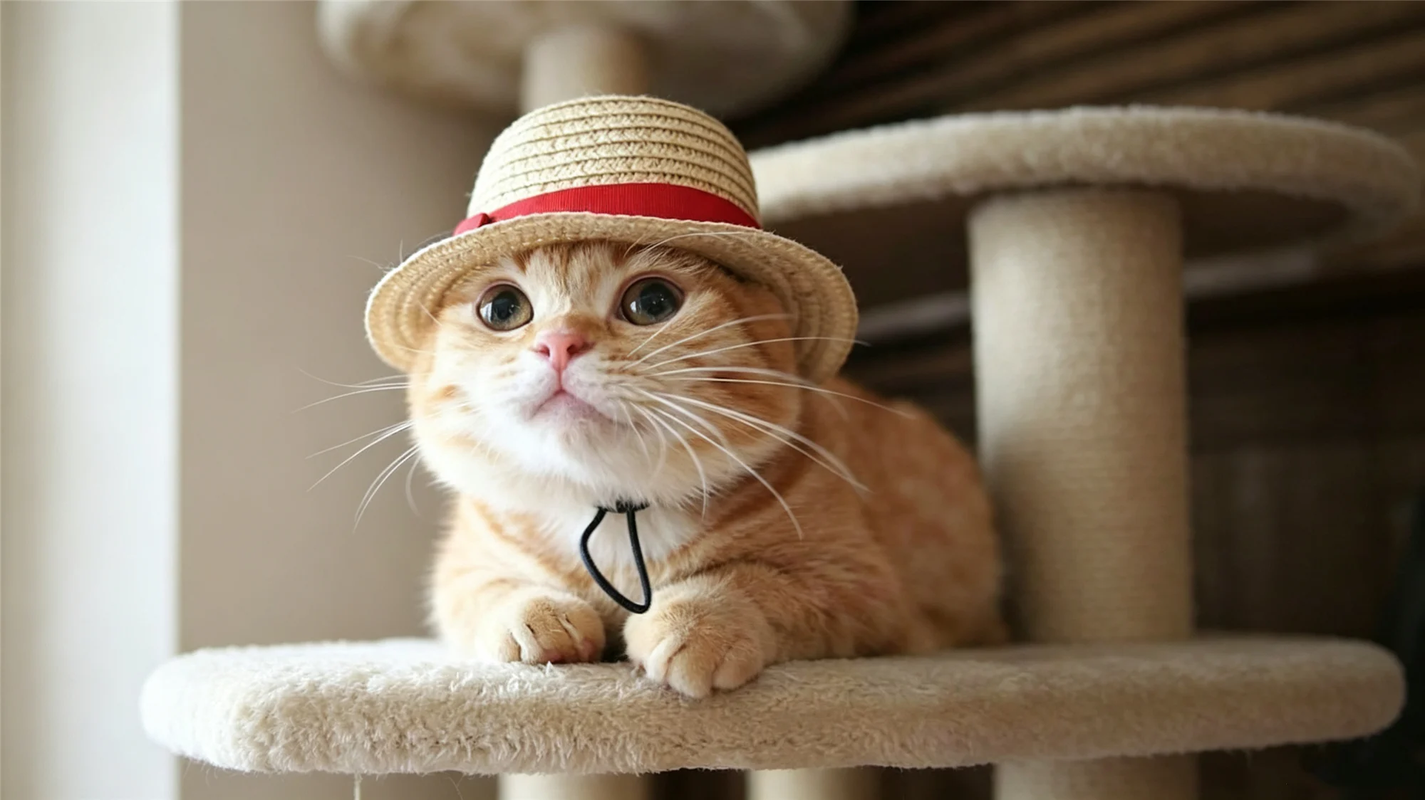 Orange cat wearing straw hat relaxing on cat tree showing enriched indoor environment