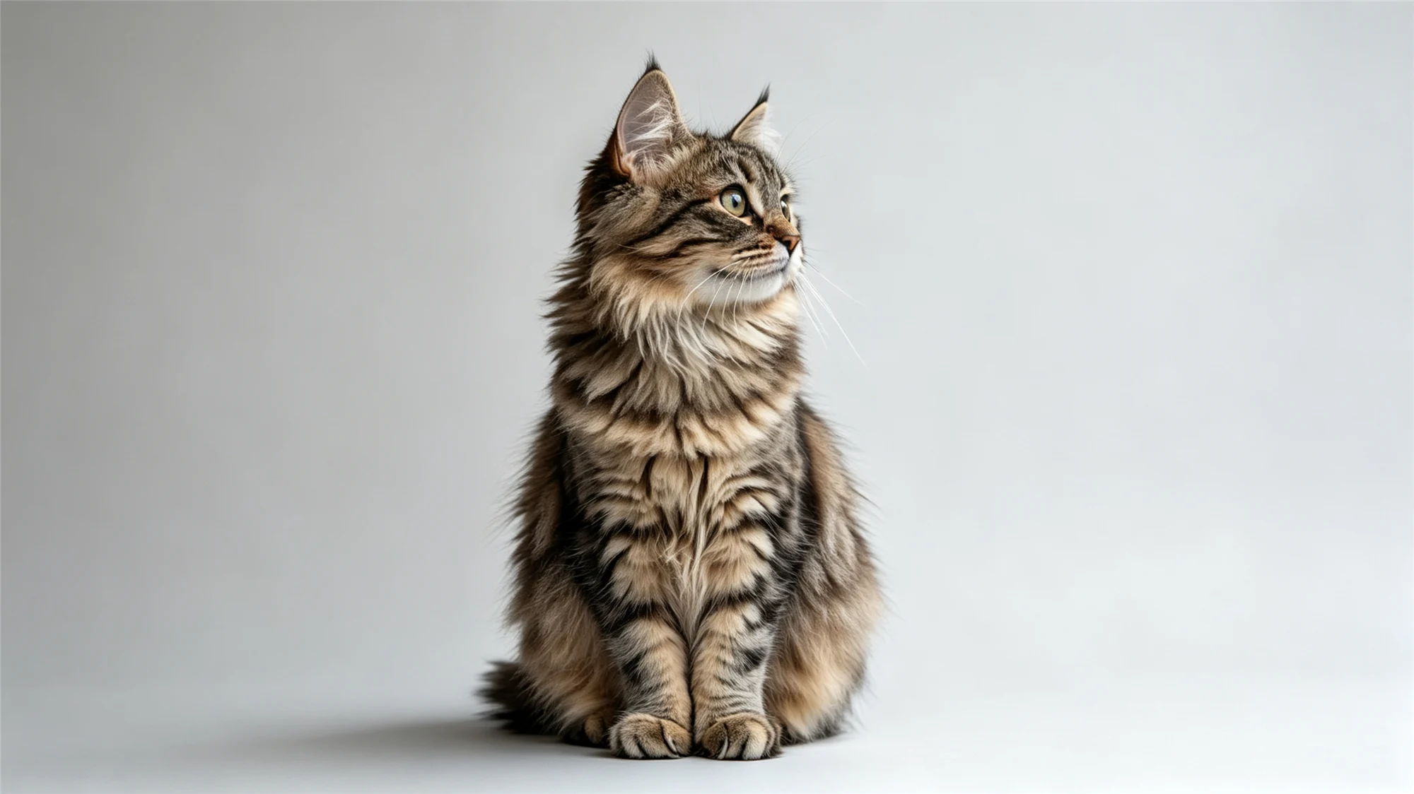 Long-haired tabby cat sitting alertly showing independent hunting instincts