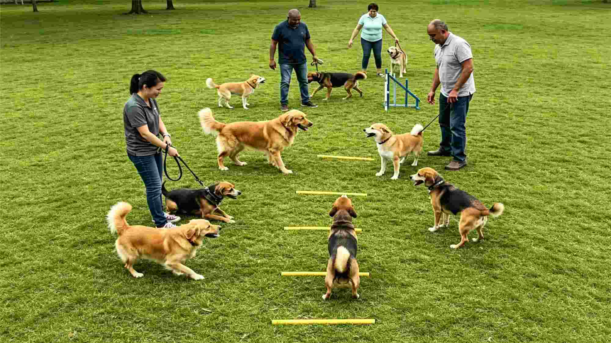 Group dog training class with multiple owners and golden retrievers practicing on grass field