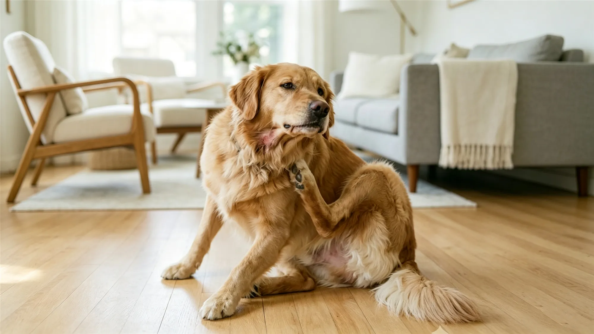 Golden retriever sitting on floor scratching neck with hind leg showing skin irritation