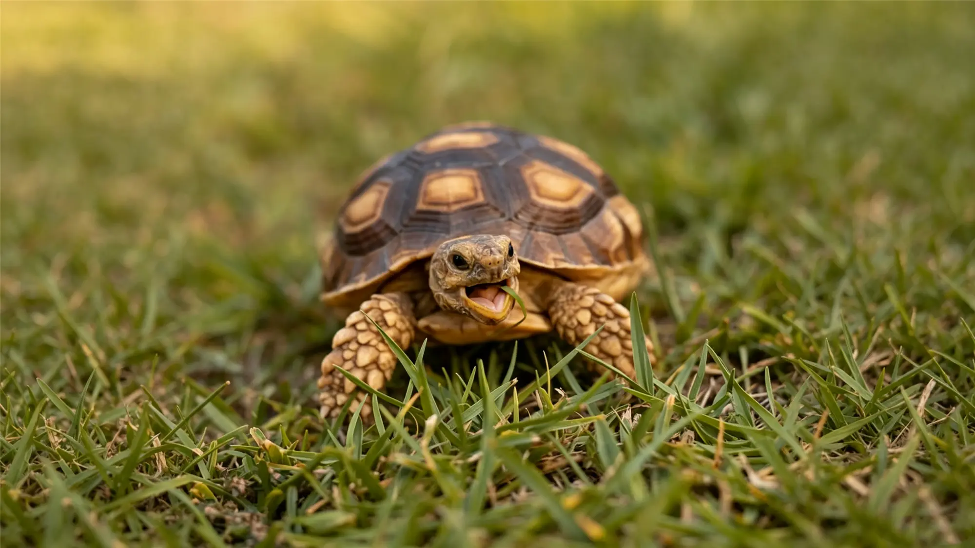 Young tortoise grazing on grass outdoors in natural sunlight