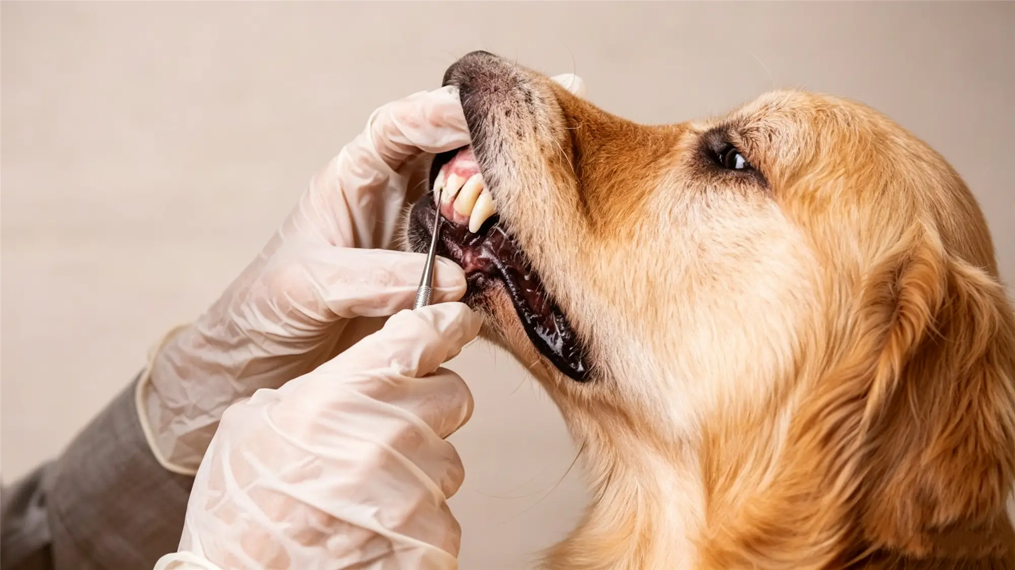 Veterinarian examining senior Golden Retriever teeth