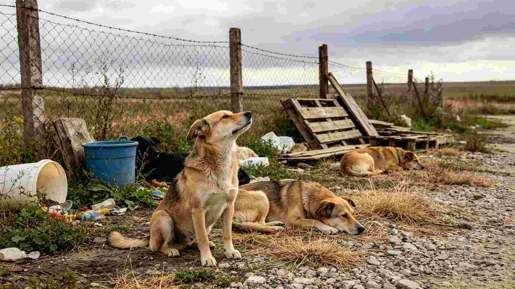 Group of stray dogs in rural area near fence
