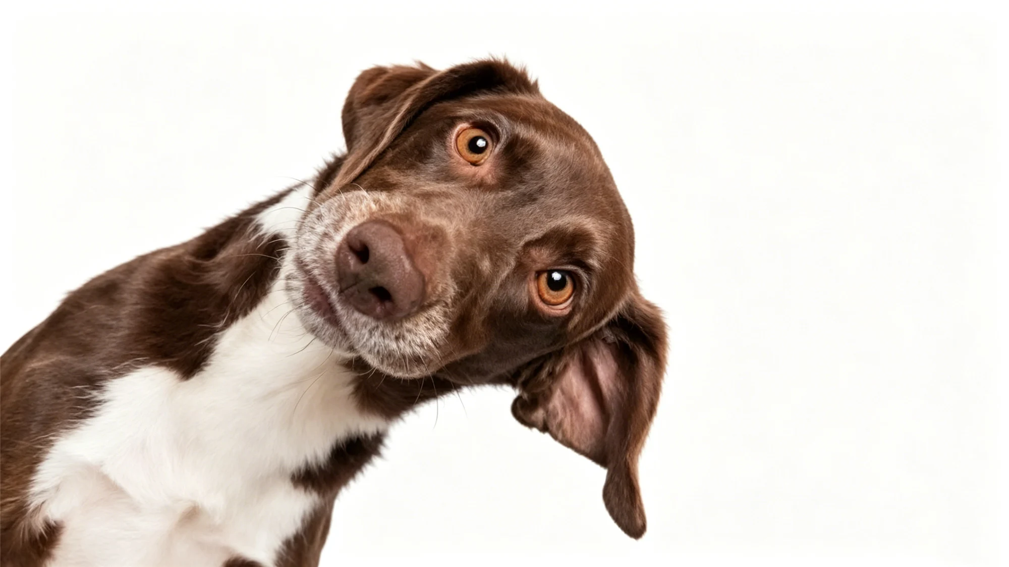 Curious brown and white dog tilting head showing loyalty and engagement