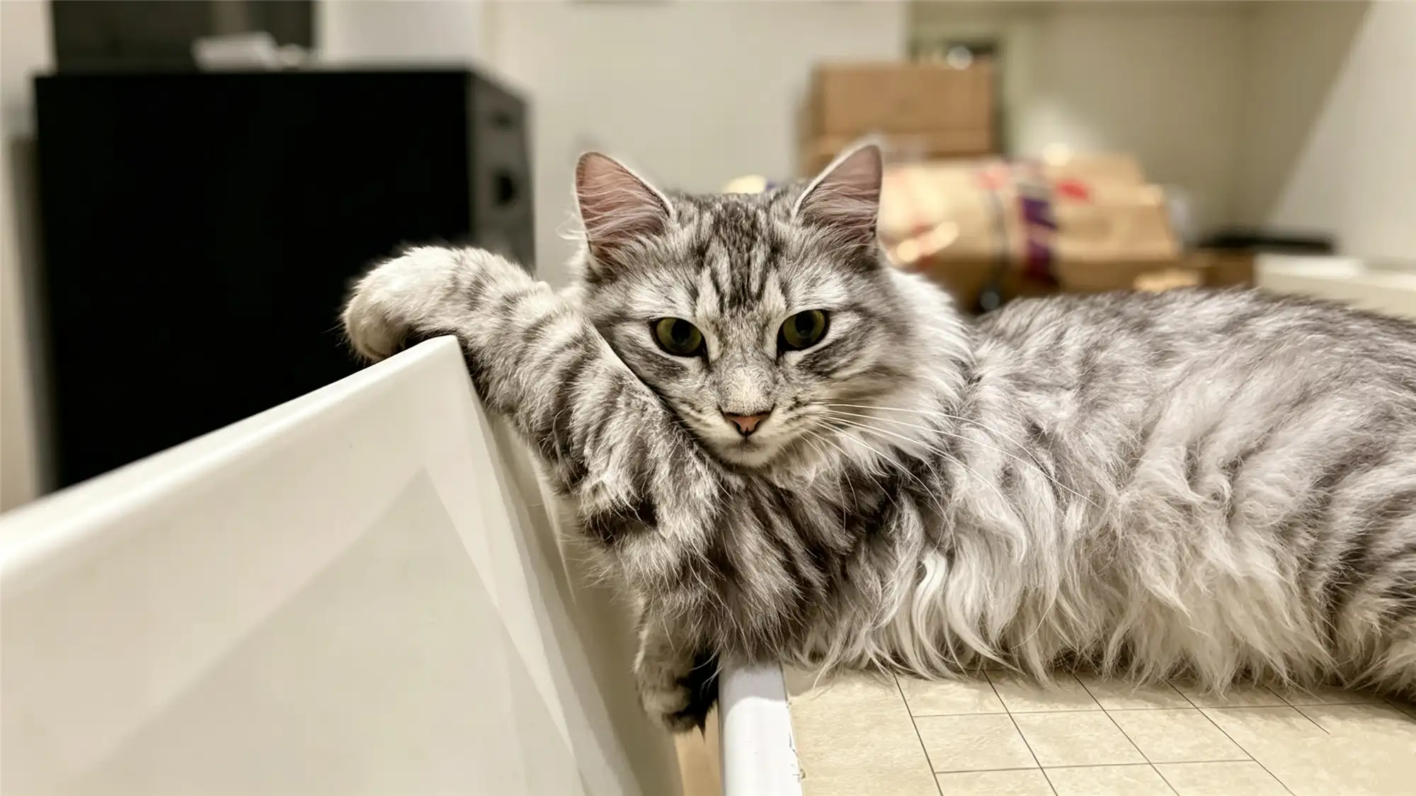 Senior long-haired gray cat resting on bathtub edge