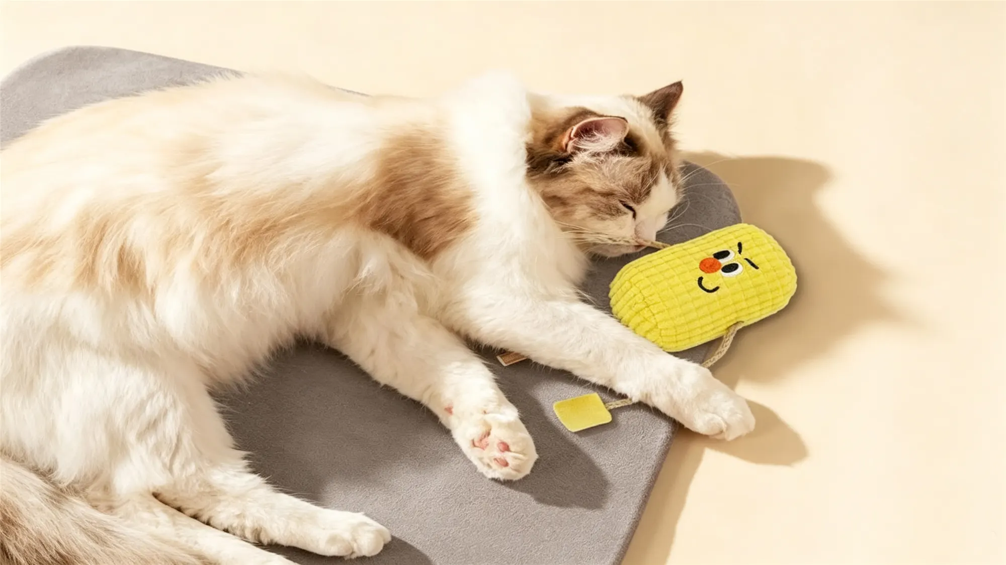 Fluffy white and brown cat cuddling with yellow corn-shaped plush catnip toy