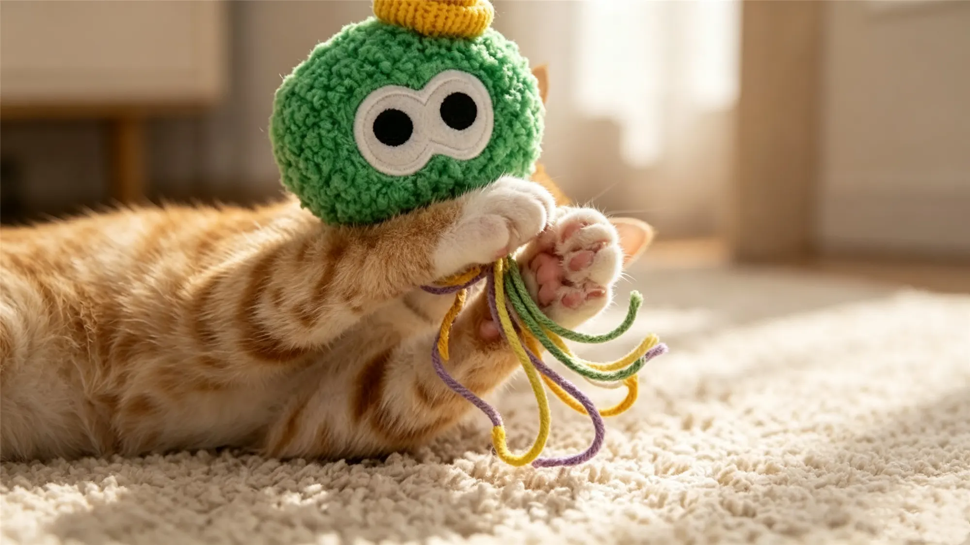 Orange cat playing with green fuzzy monster character catnip toy with big eyes and colorful strings