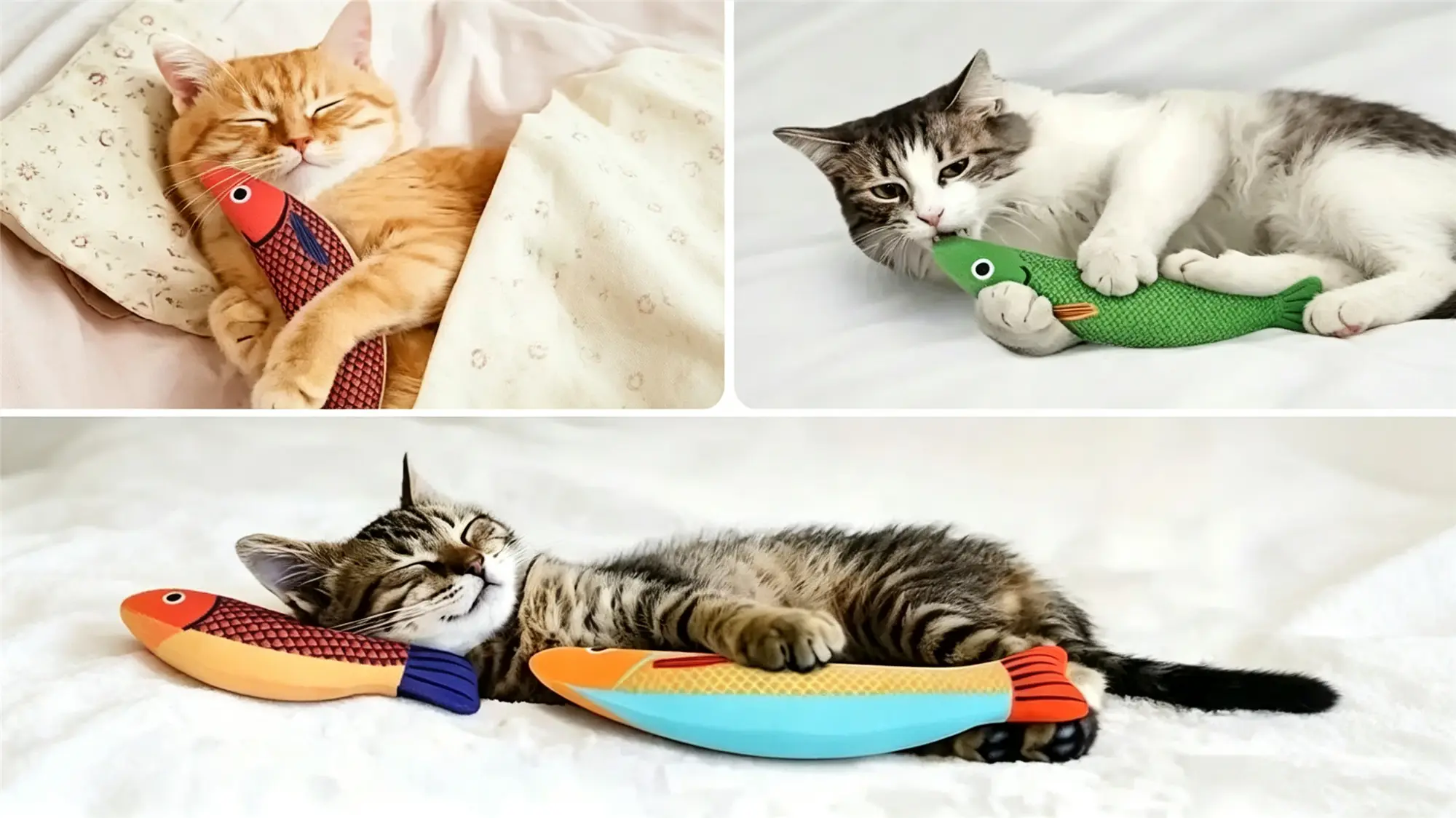 Multiple cats playing with colorful fish-shaped catnip toys showing variety of designs
