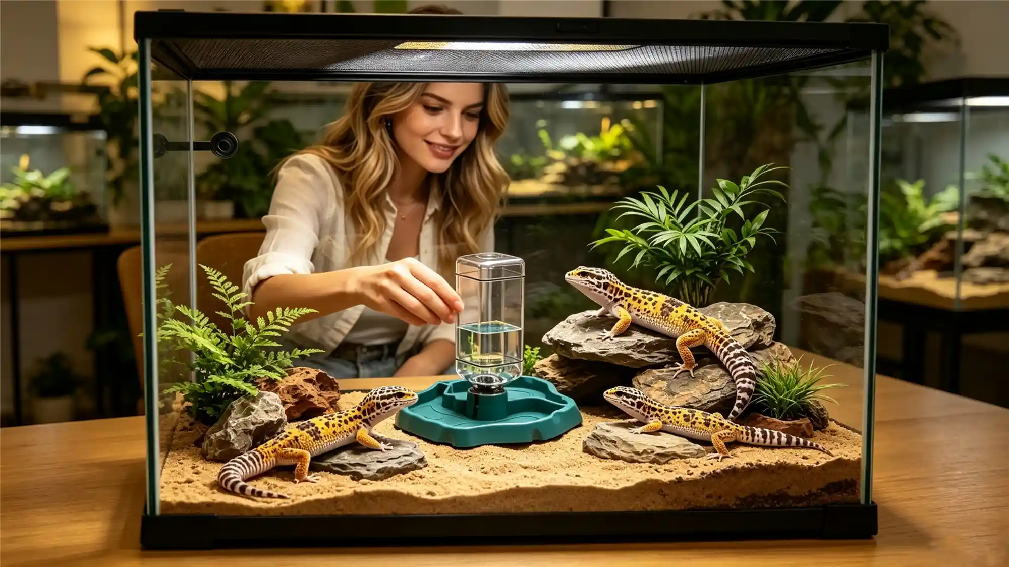 Leopard gecko terrarium setup with automatic water dispenser and hides