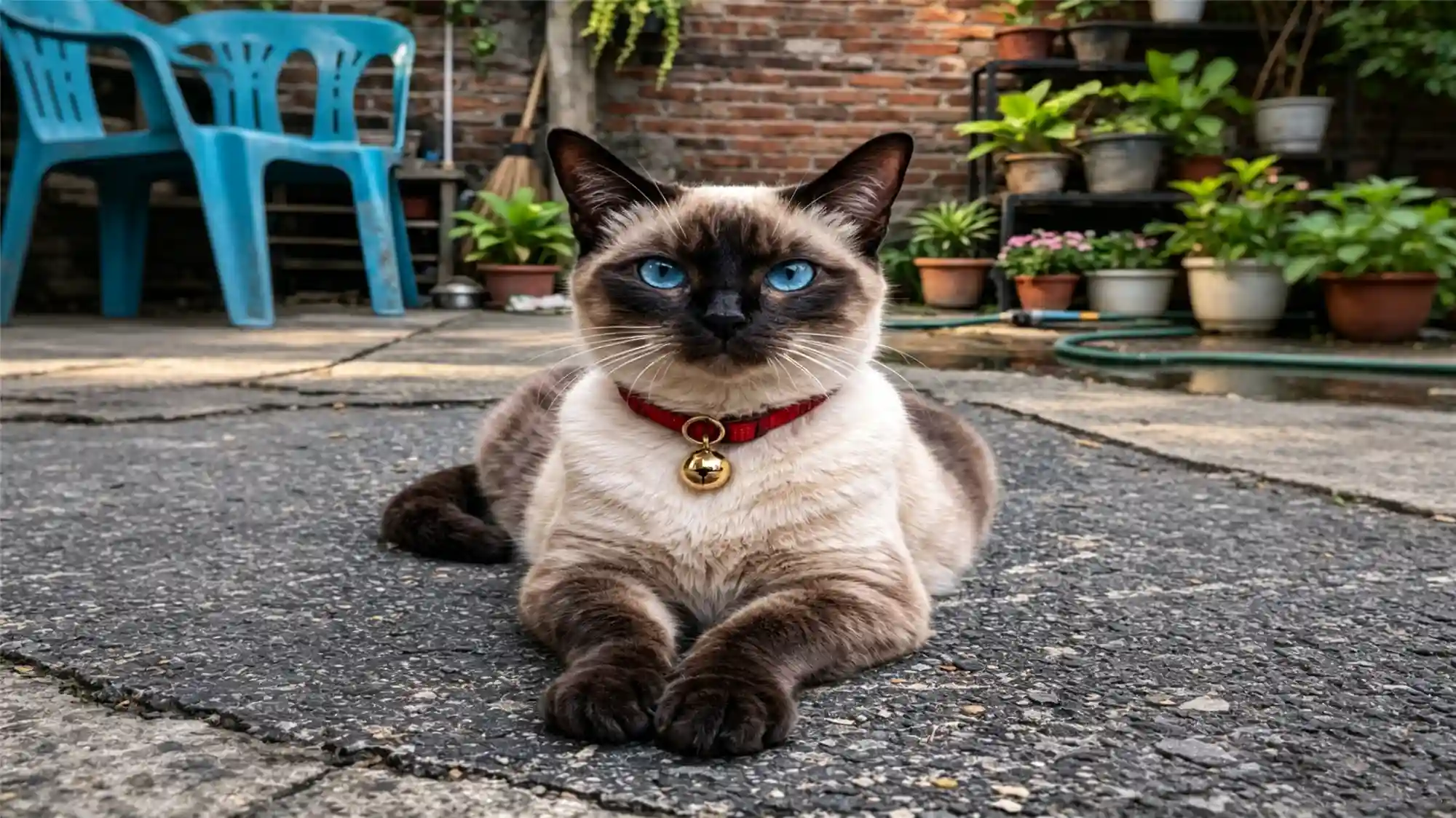 Elegant Siamese cat with blue eyes wearing red collar showing independent feline grace
