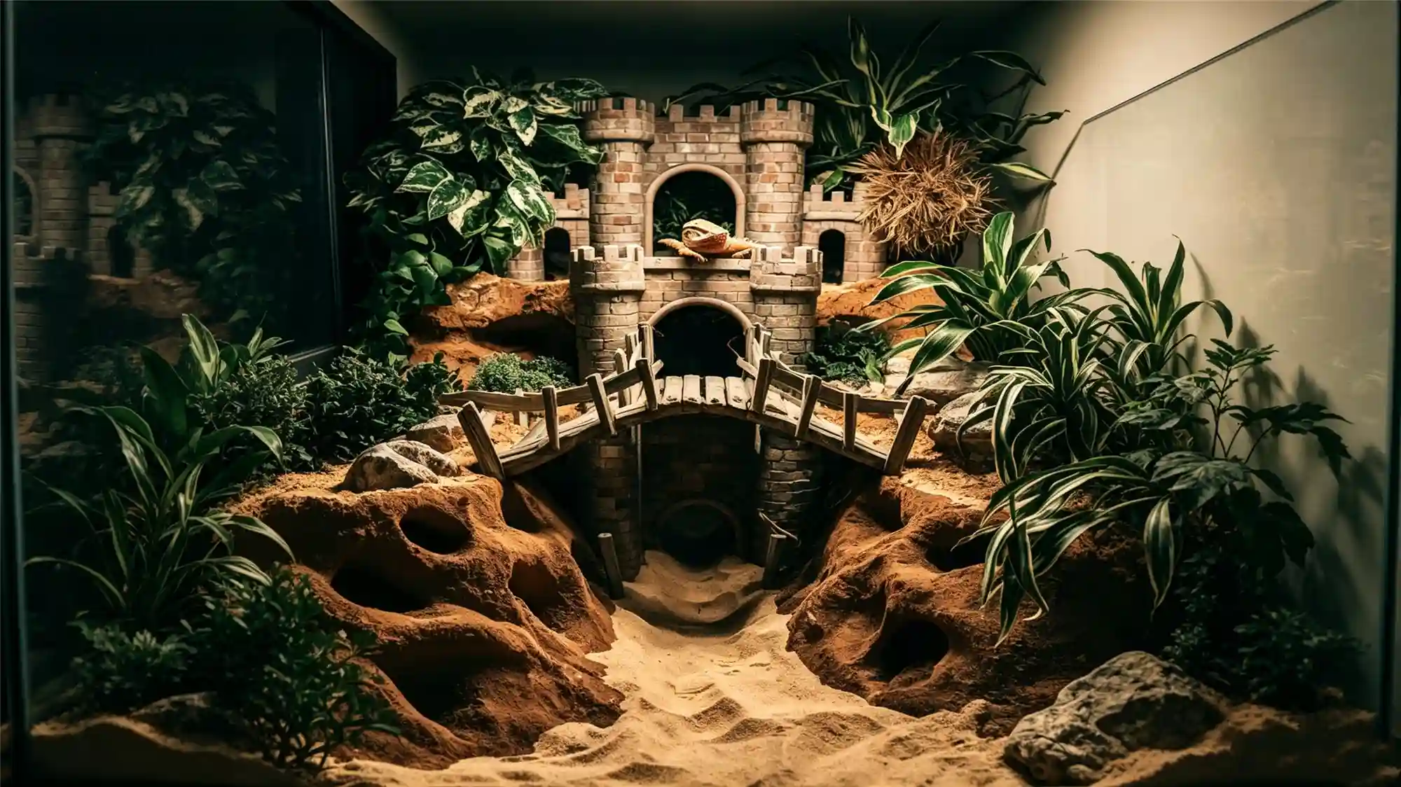 Themed castle reptile habitat with bridge and hide caves