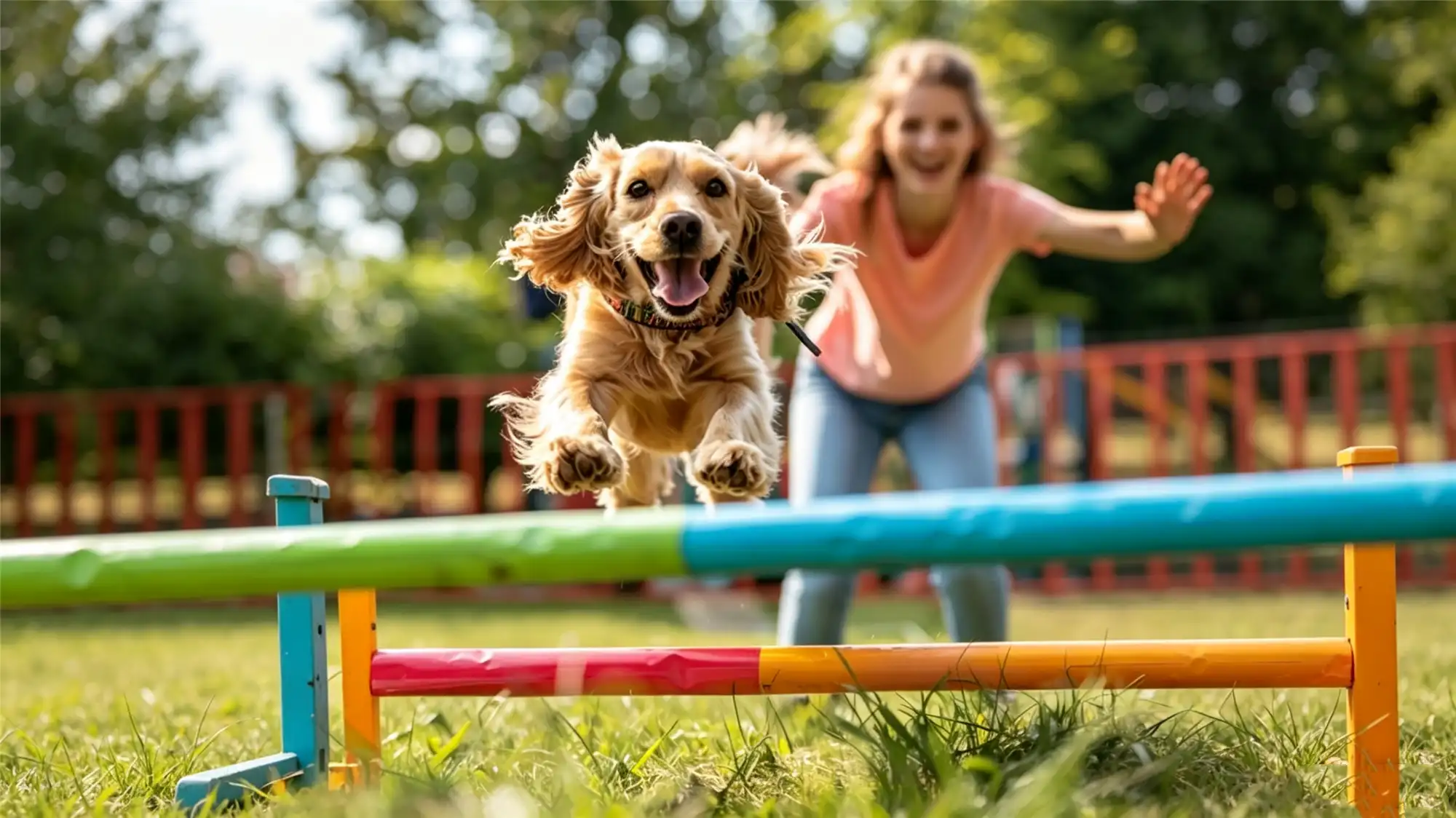 Happy golden retriever jumping over colorful agility hurdle with owner cheering