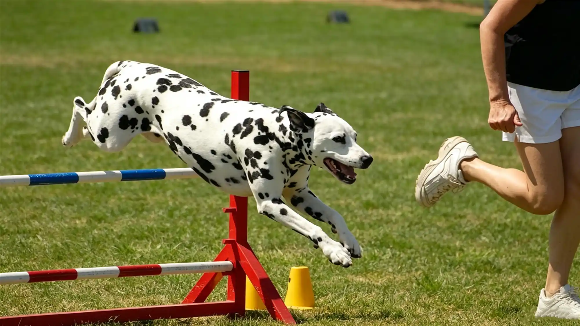Athletic Dalmatian clearing competition jump during agility course