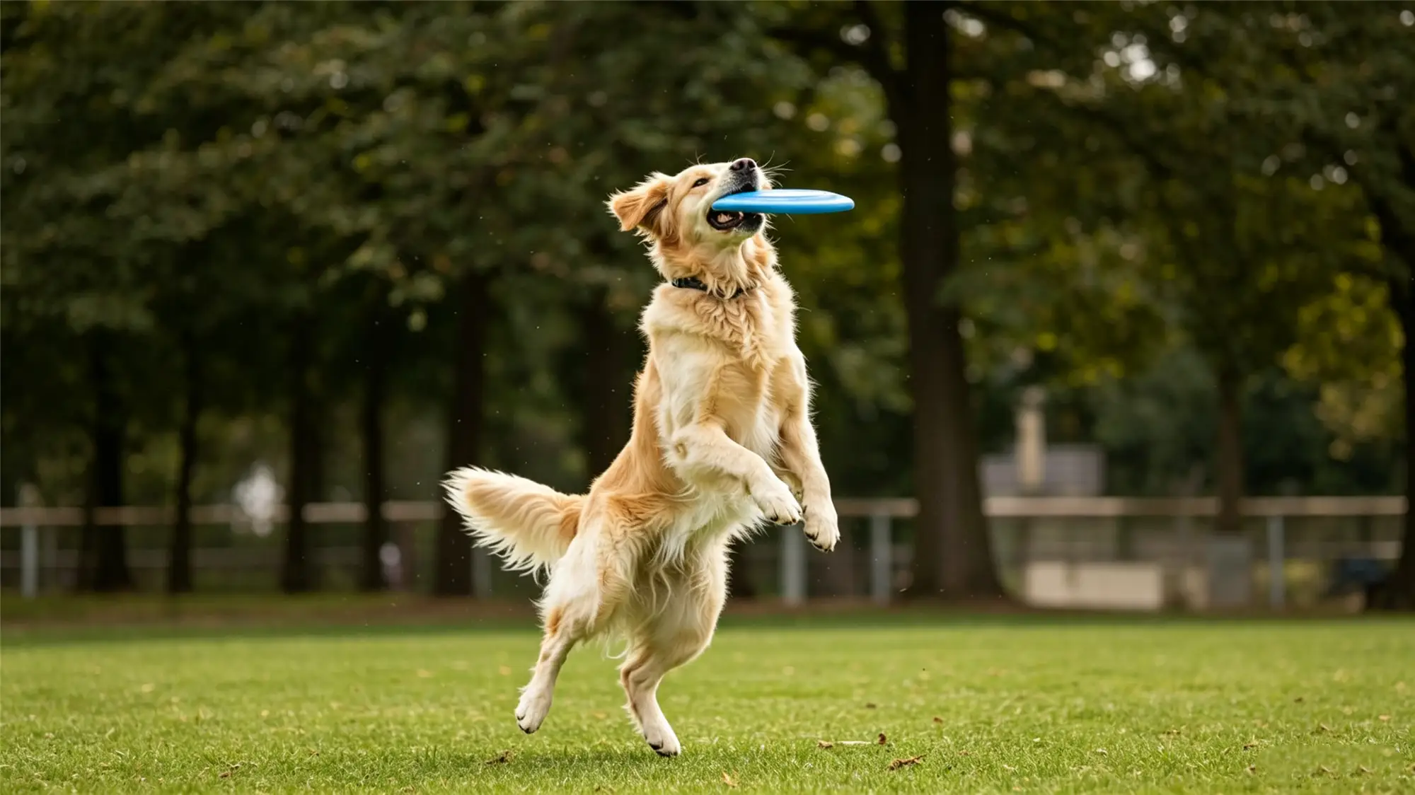 Golden retriever leaping to catch blue frisbee in park