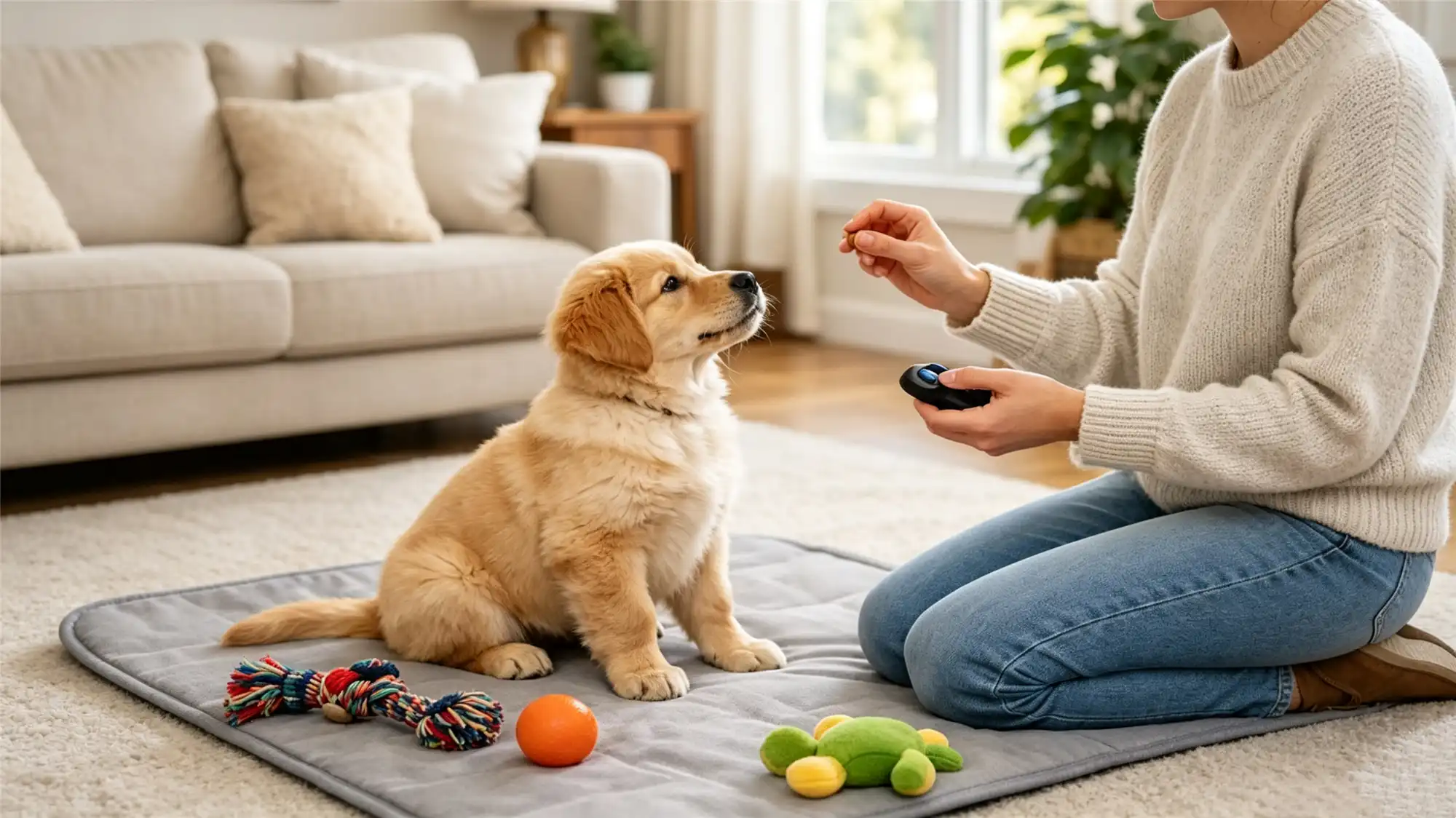 Owner training golden retriever puppy indoors using remote device and treats on training mat
