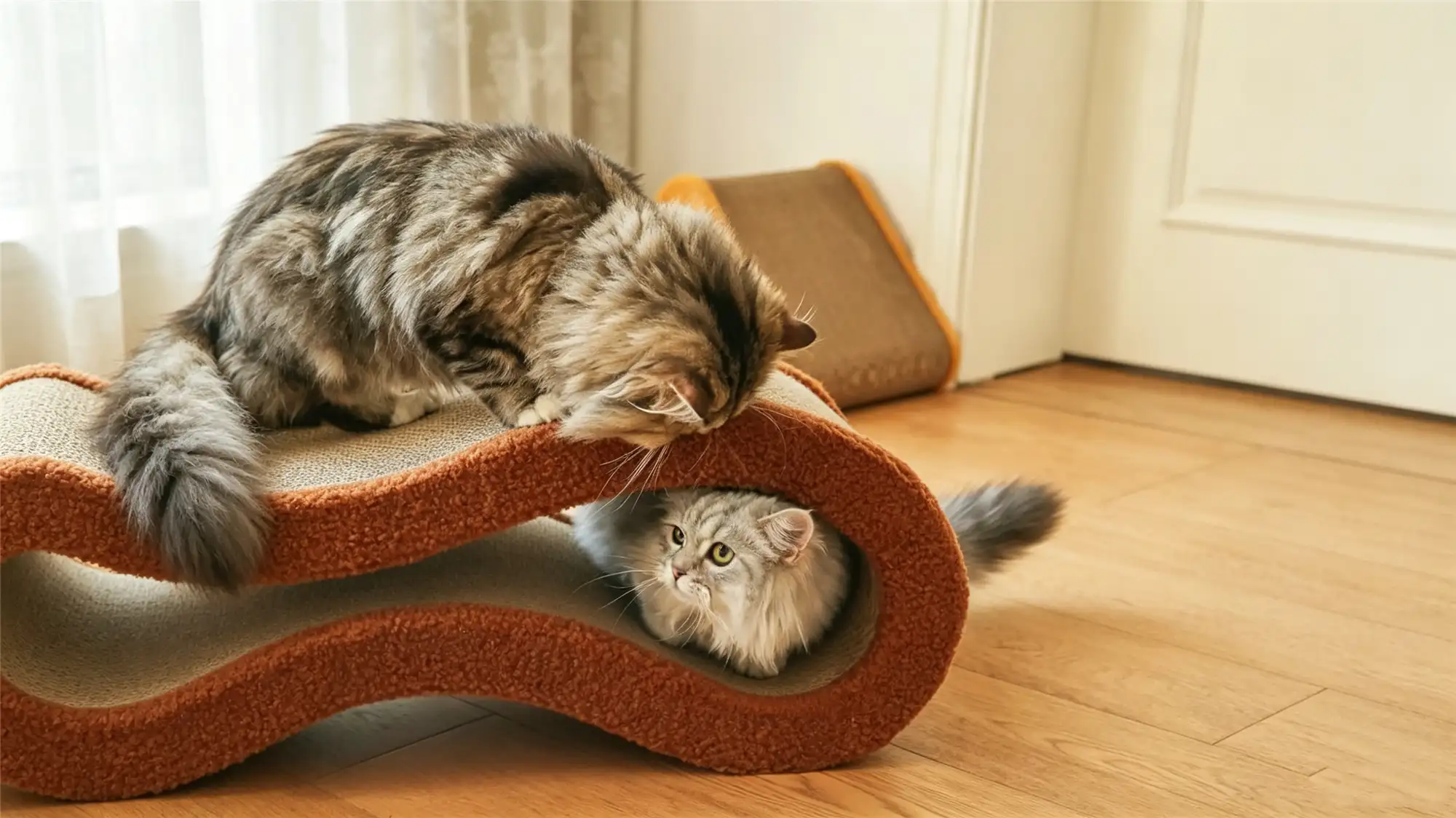 Two fluffy cats interacting on modern curved cat scratcher furniture