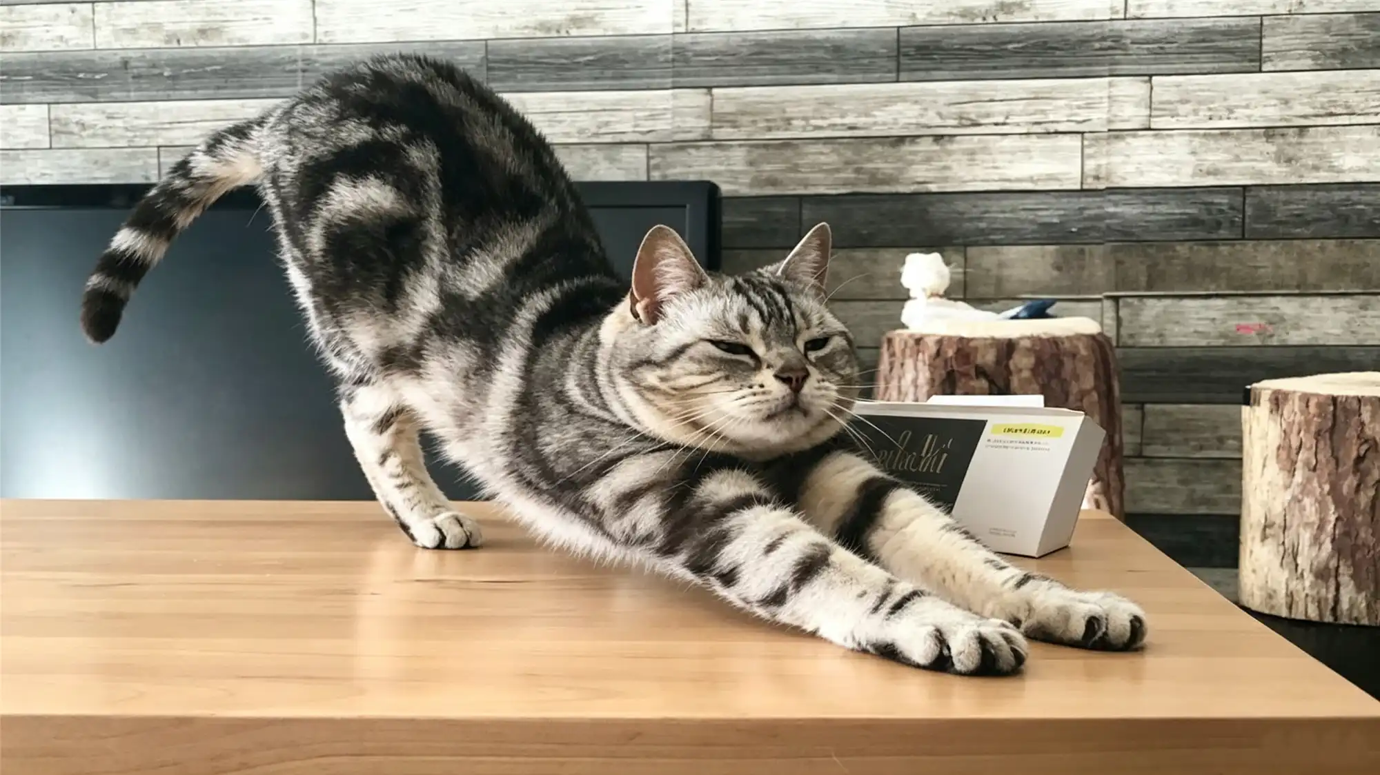 Tabby cat stretching on wooden table in modern home environment
