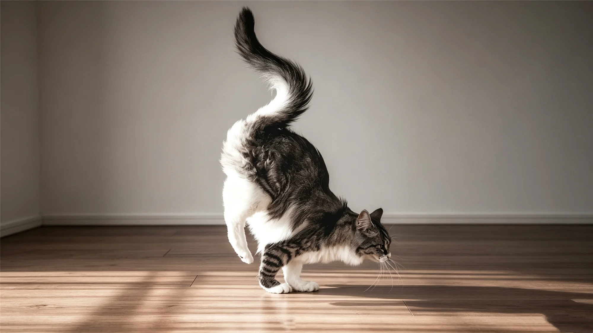 Fluffy cat performing full body stretch on hardwood floor showing healthy activity