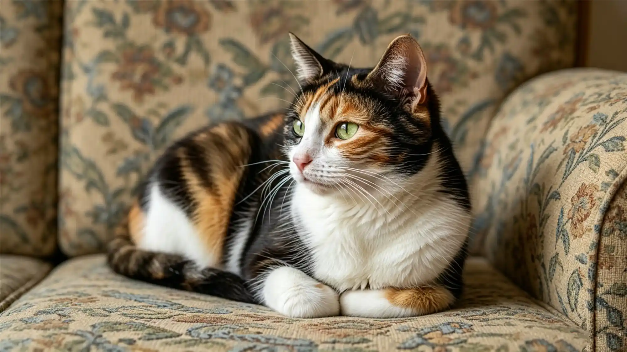 Calico cat with green eyes resting on floral sofa displaying alert and independent nature