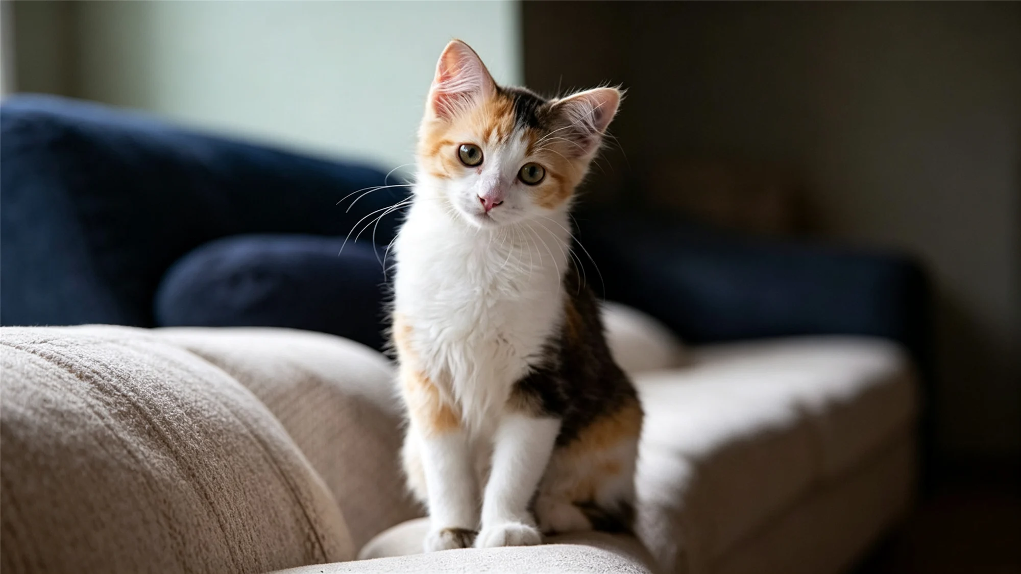 Calico kitten sitting alert on sofa representing early socialization and training