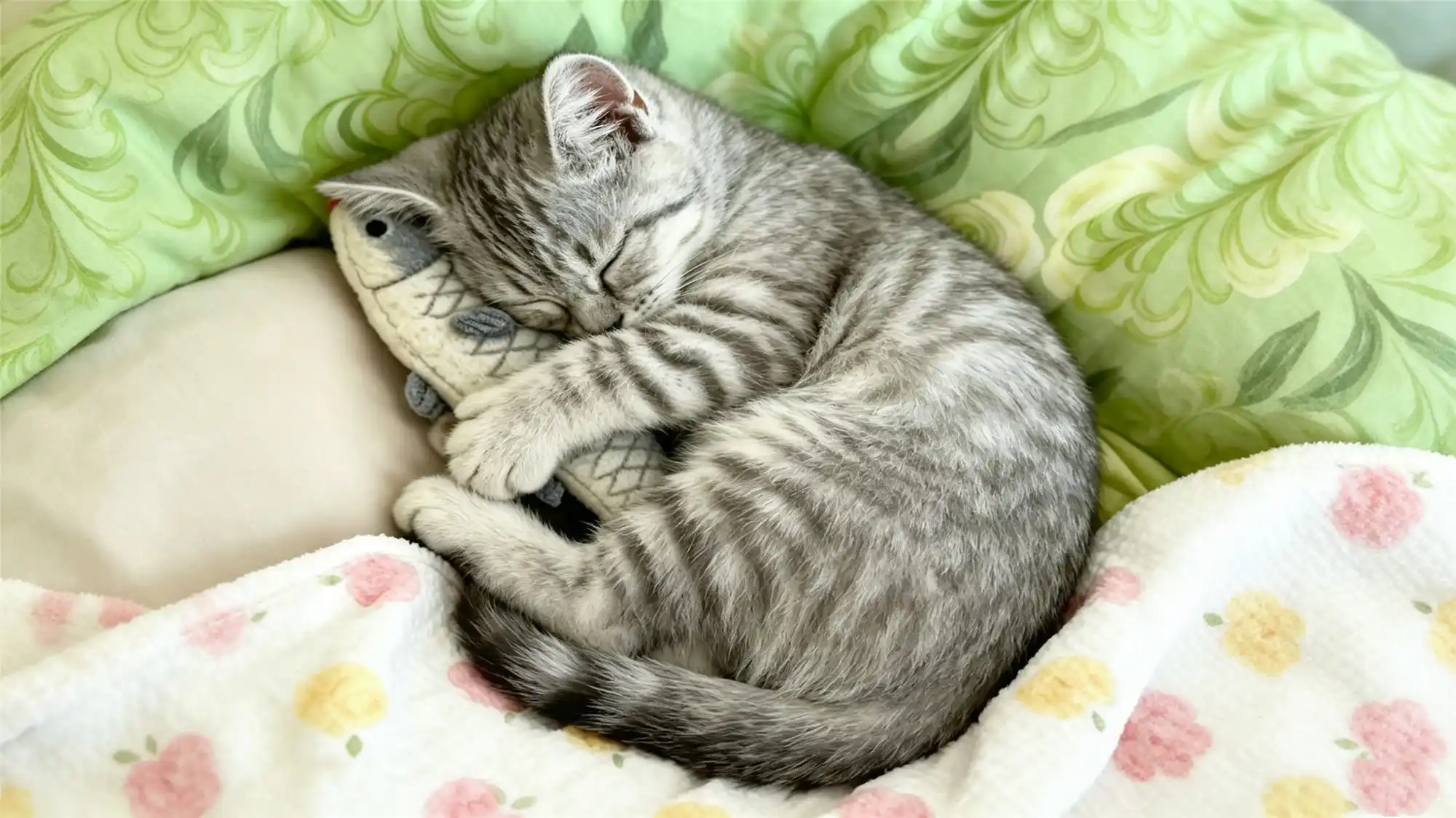 Small gray kitten cuddling stuffed toy while sleeping comfortably on floral bedding