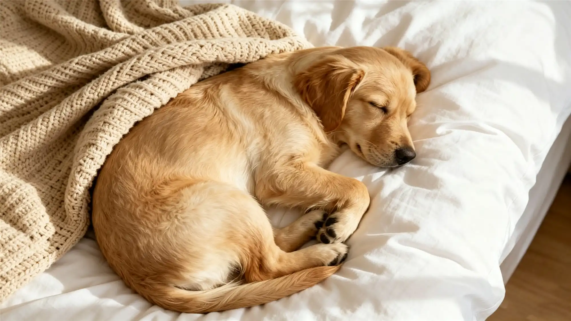 Golden retriever puppy curled up sleeping peacefully on white bed with cream knitted blanket