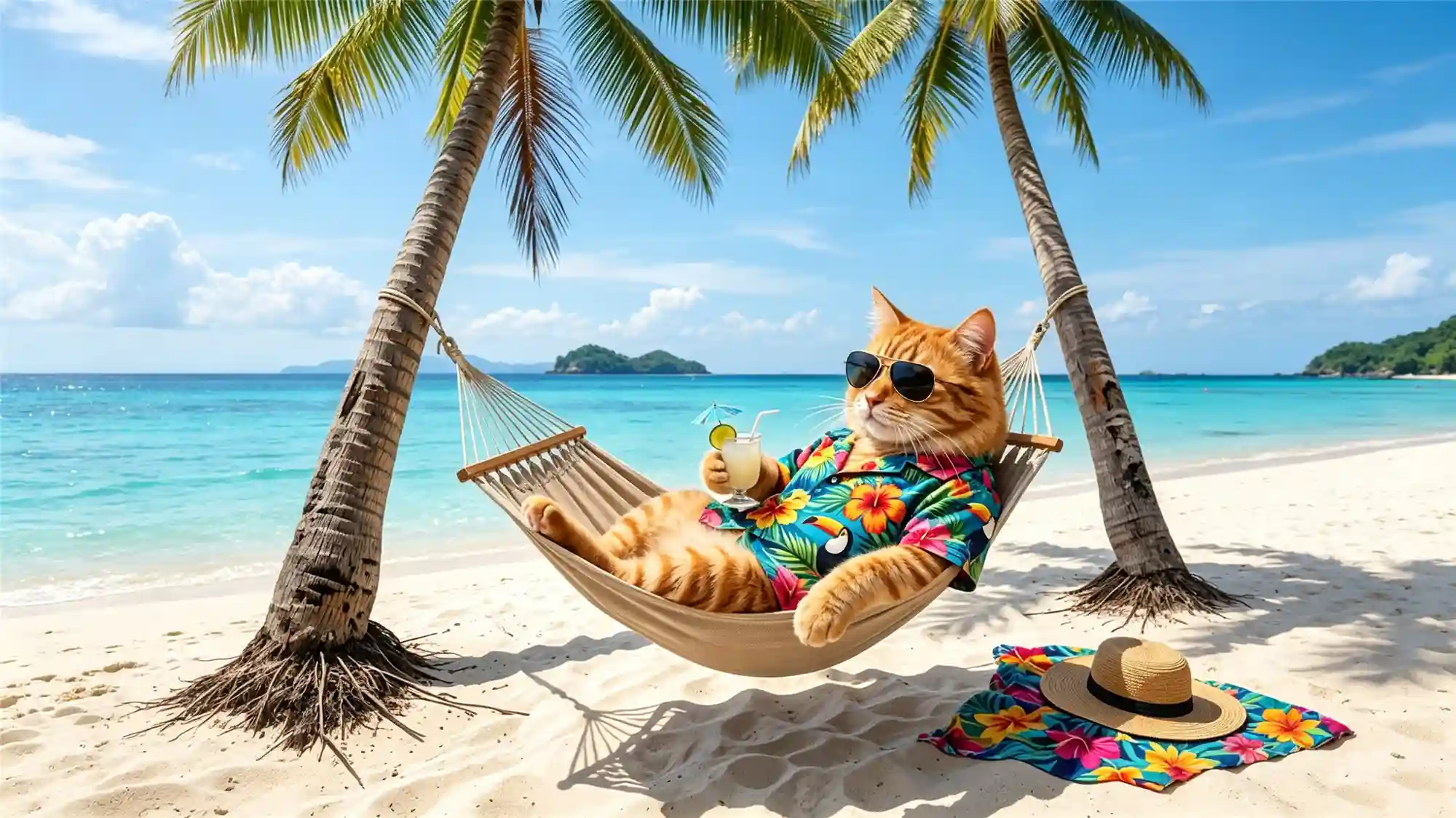 Orange cat wearing Hawaiian shirt and sunglasses relaxing in beach hammock with tropical drink