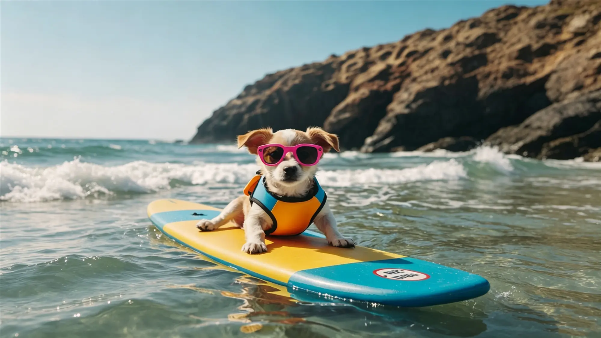 Small dog wearing pink sunglasses and orange life vest balancing on surfboard in ocean waves