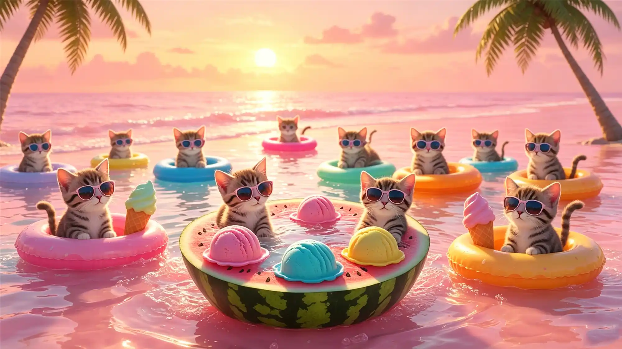 Multiple kittens wearing sunglasses floating in colorful inflatable rings around giant watermelon bowl of ice cream at sunset beach