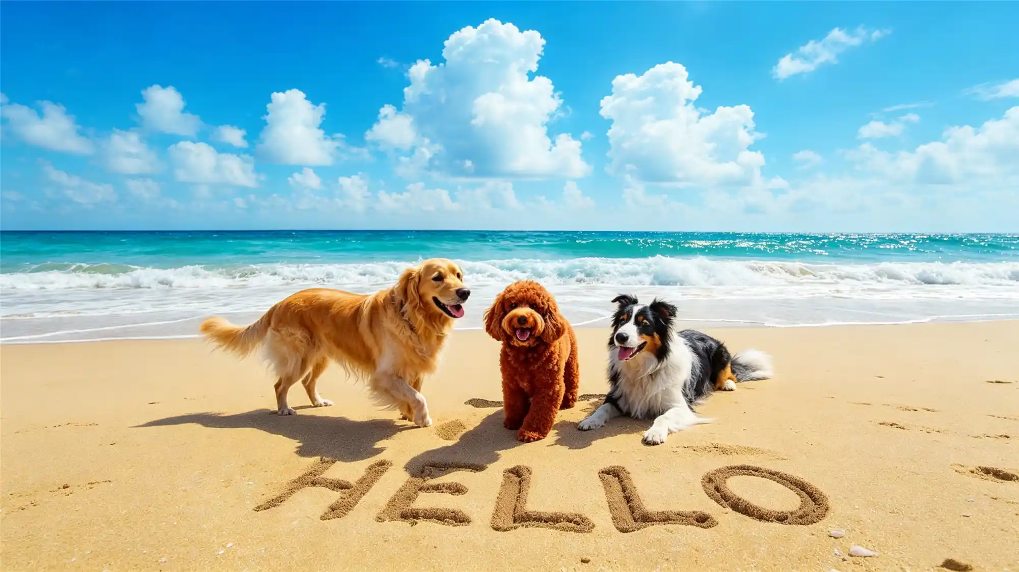 Three happy dogs including golden retriever poodle and border collie playing on sunny beach with HELLO written in sand