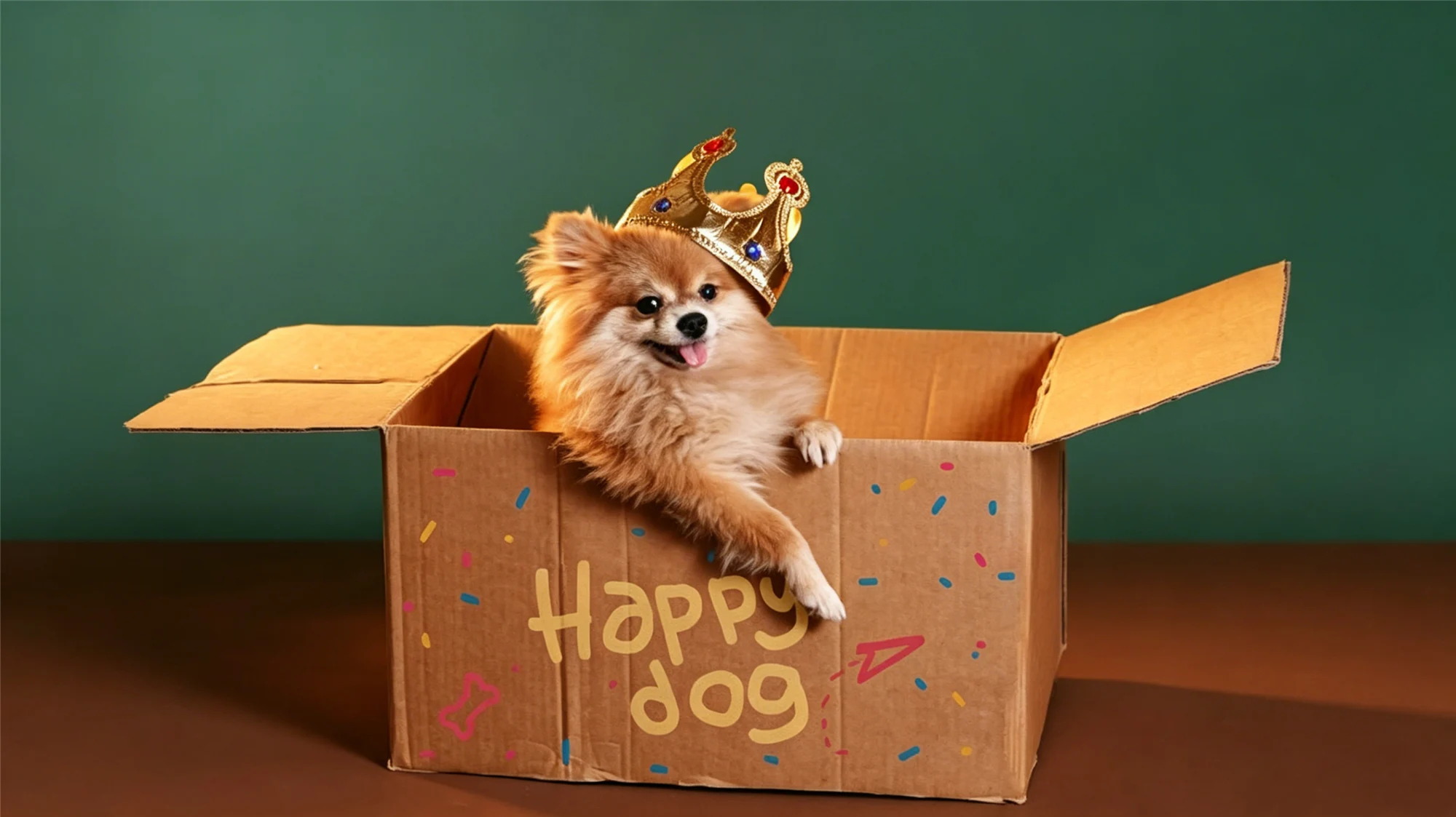Happy Pomeranian dog wearing golden crown sitting in decorated cardboard box