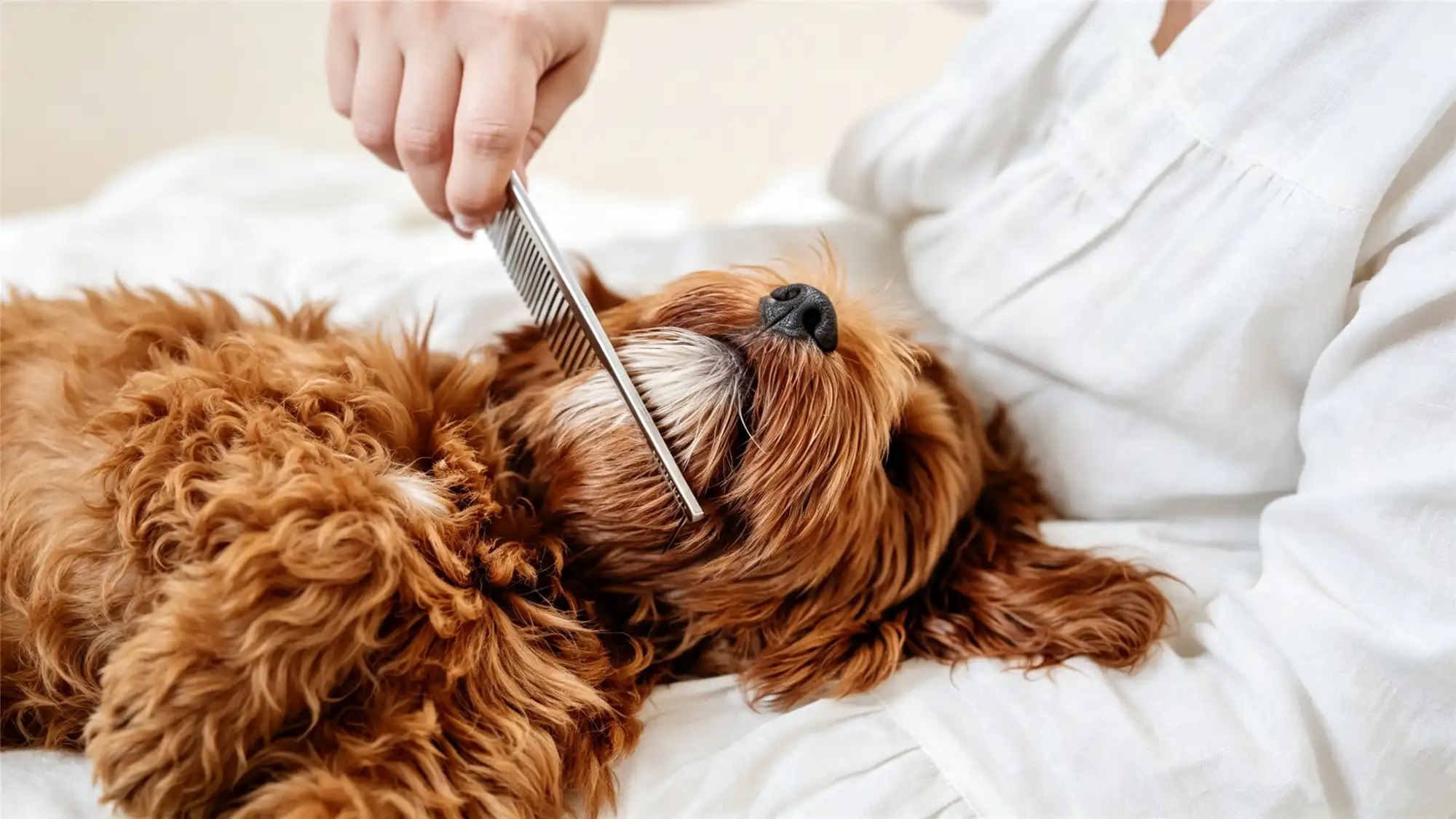 Groomer combing through a dog's facial fur during grooming session