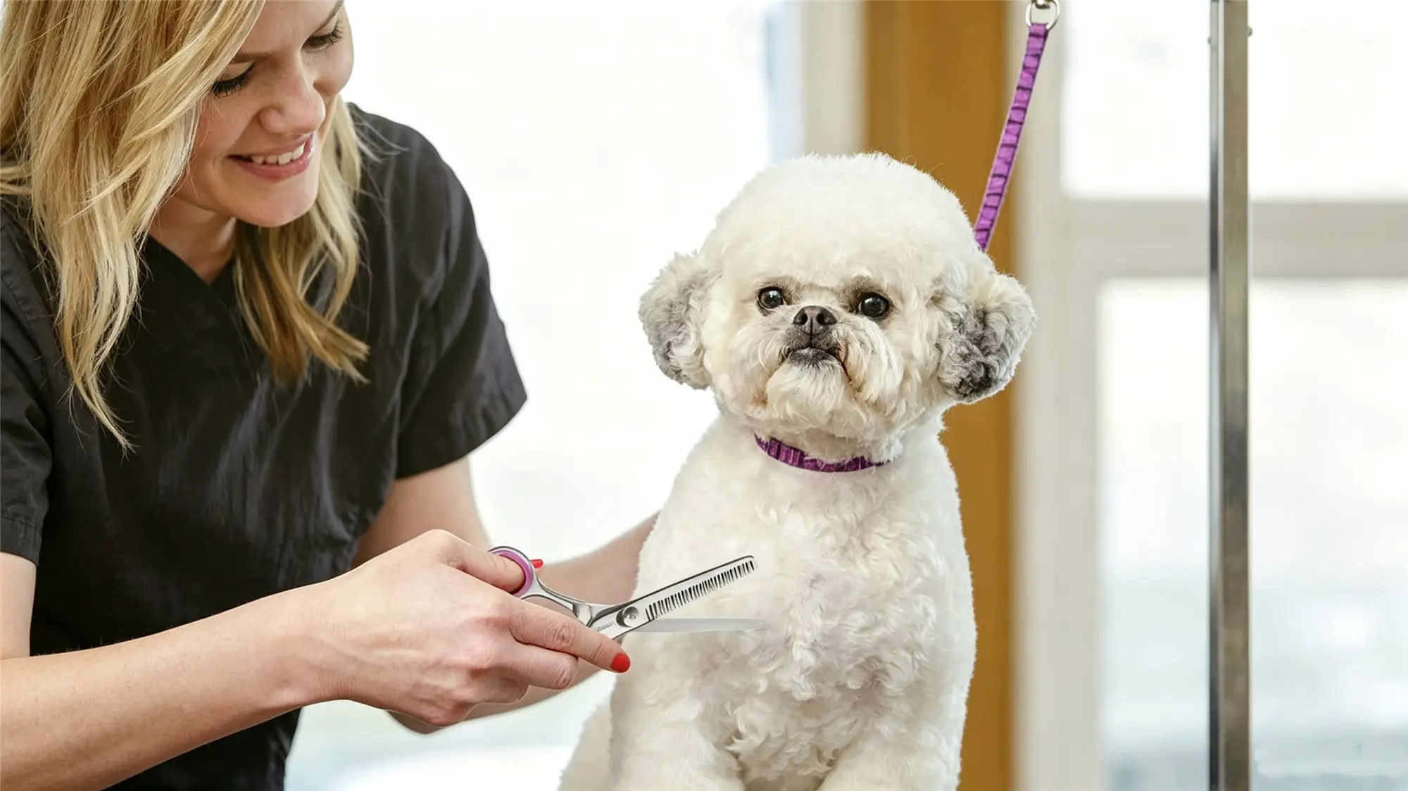 Professional groomer using thinning shears on a white Bichon Frise