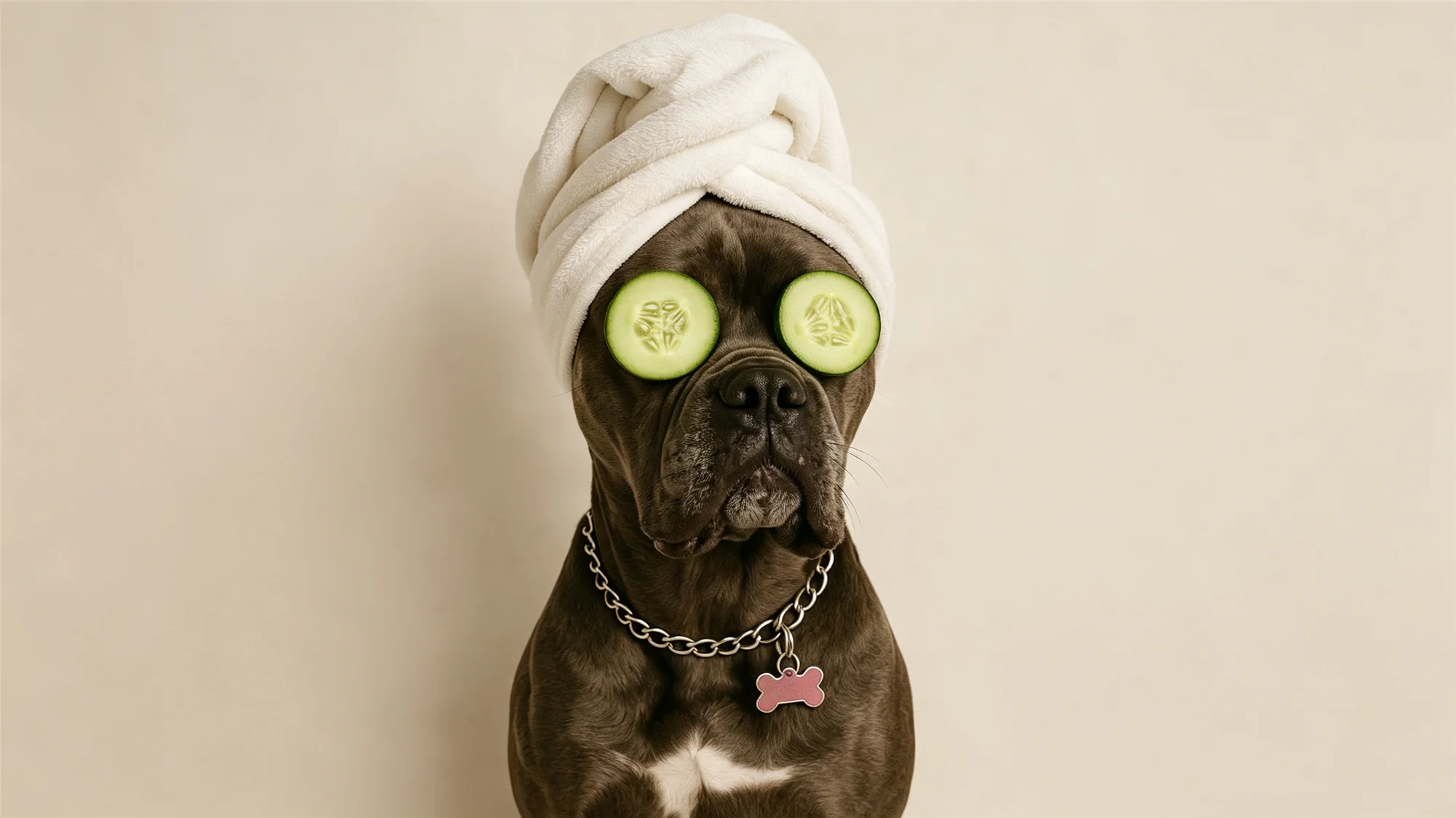Relaxed dog with towel and cucumber eye treatment after spa grooming session