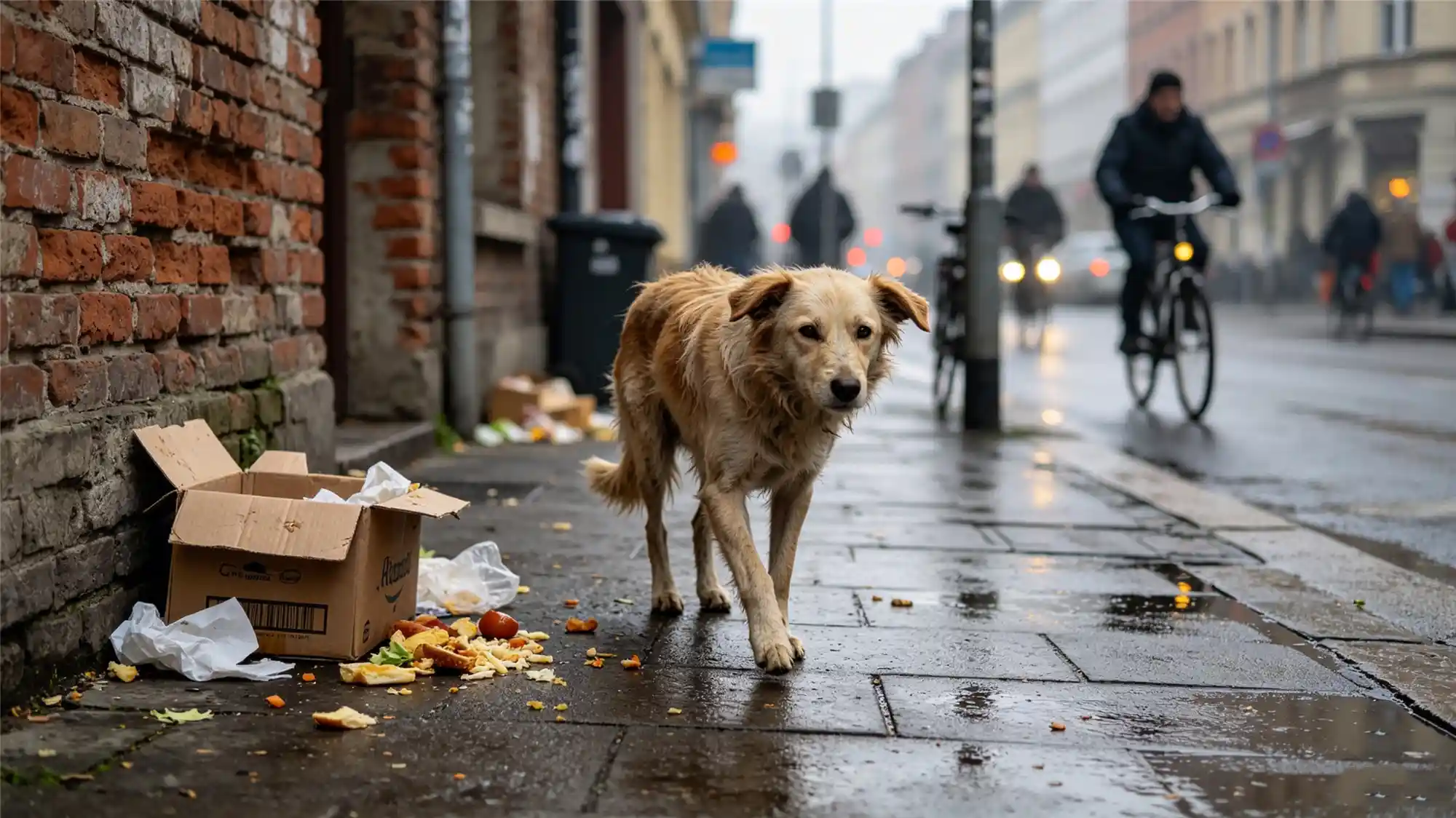 Scruffy stray dog walking on wet city street near garbage