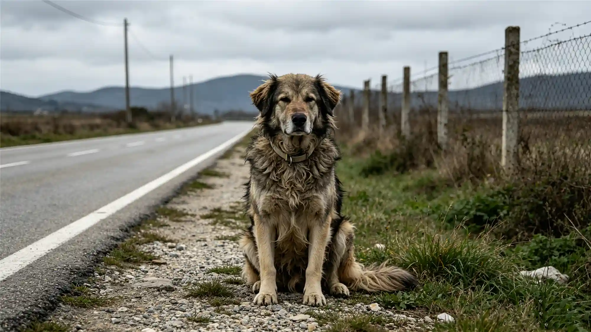 Large fluffy stray dog sitting by rural roadside