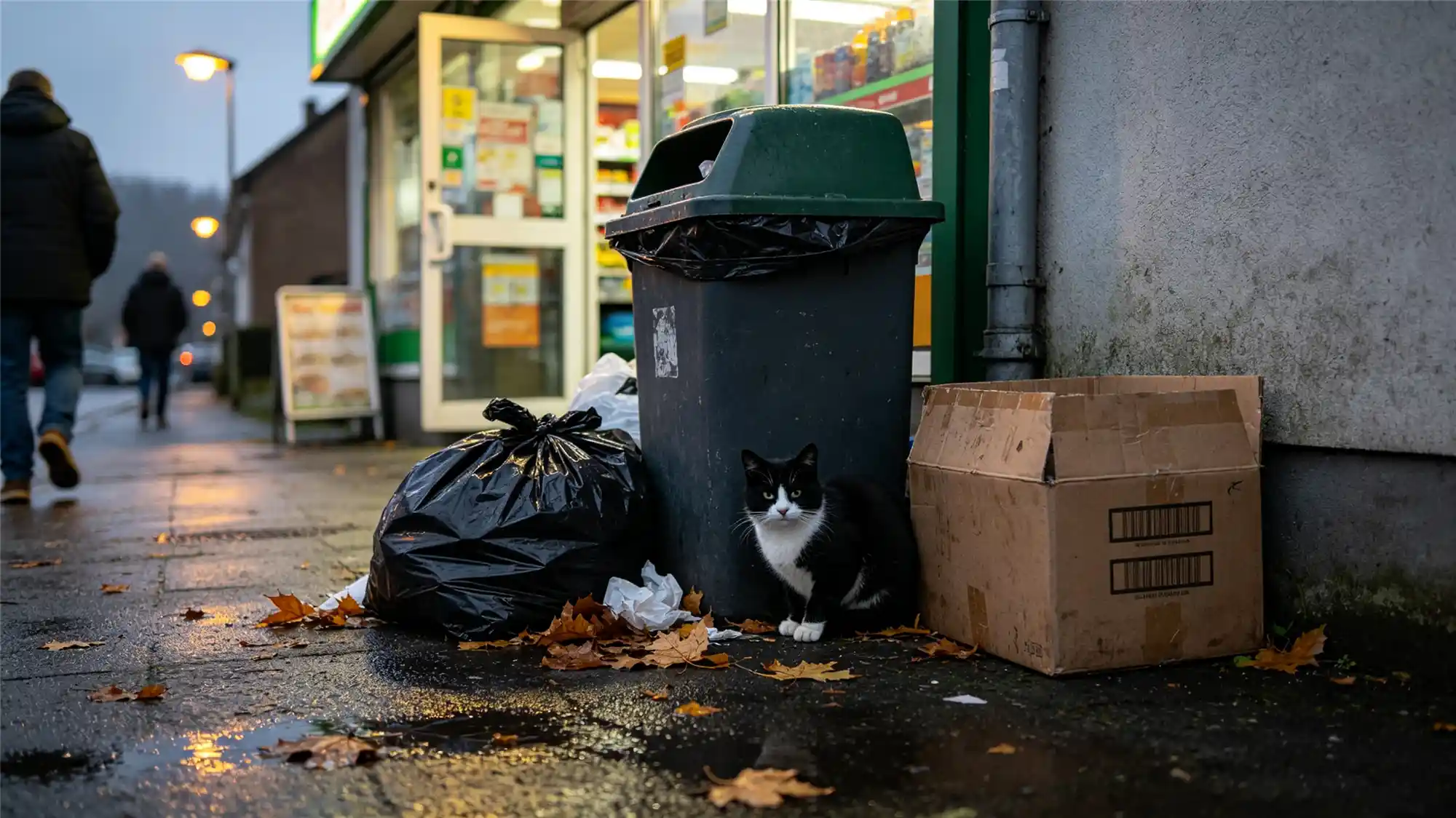 Black and white stray cat sheltering near garbage bin outside store