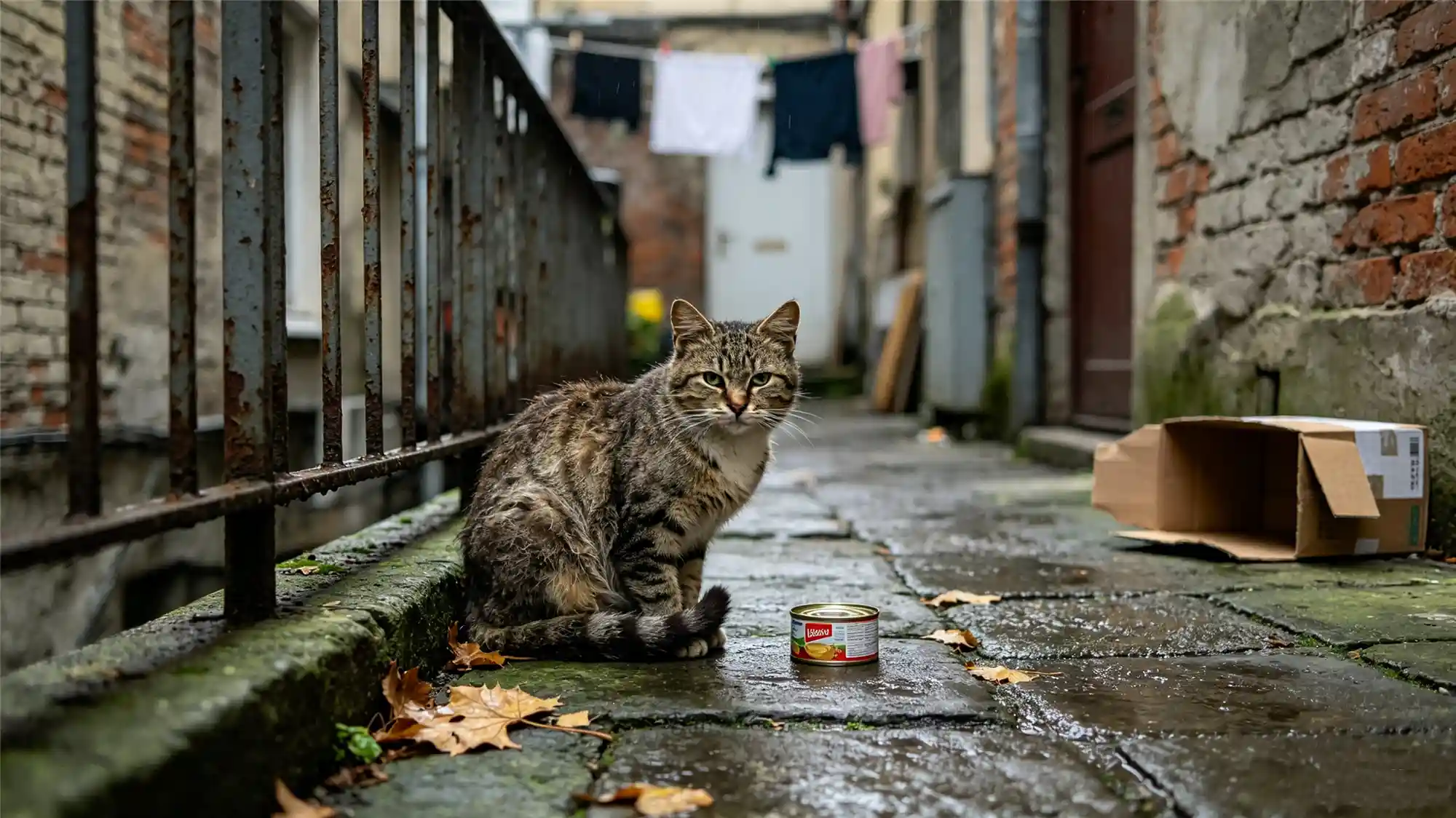 Wet tabby cat in alley with food can